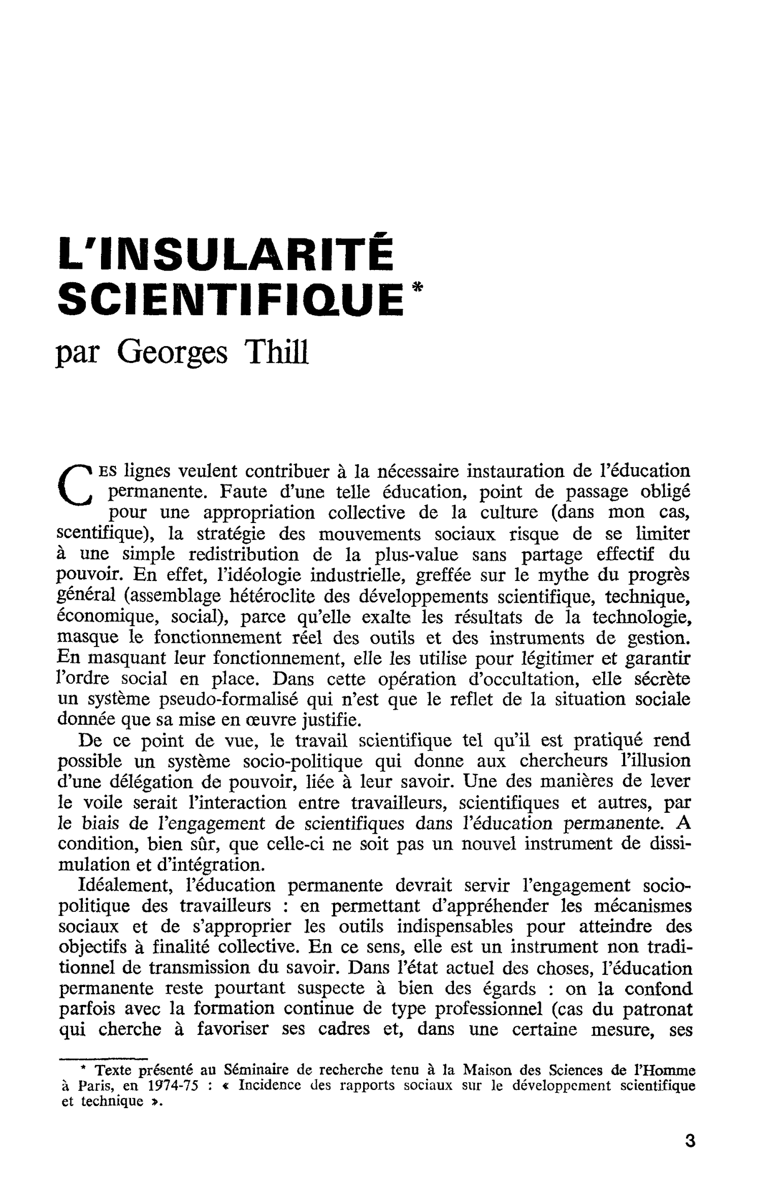 L’INSULARITÉ SCIENTIFIQUE