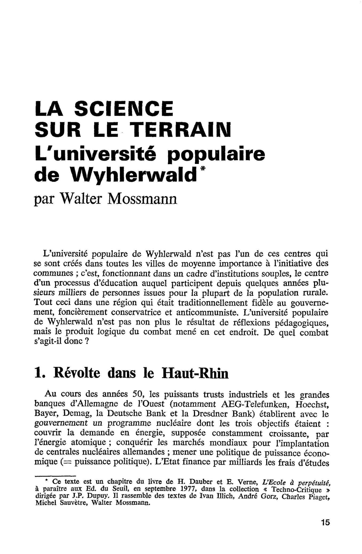 LA SCIENCE SUR LE TERRAIN. L’université populaire de Wyhlerwald