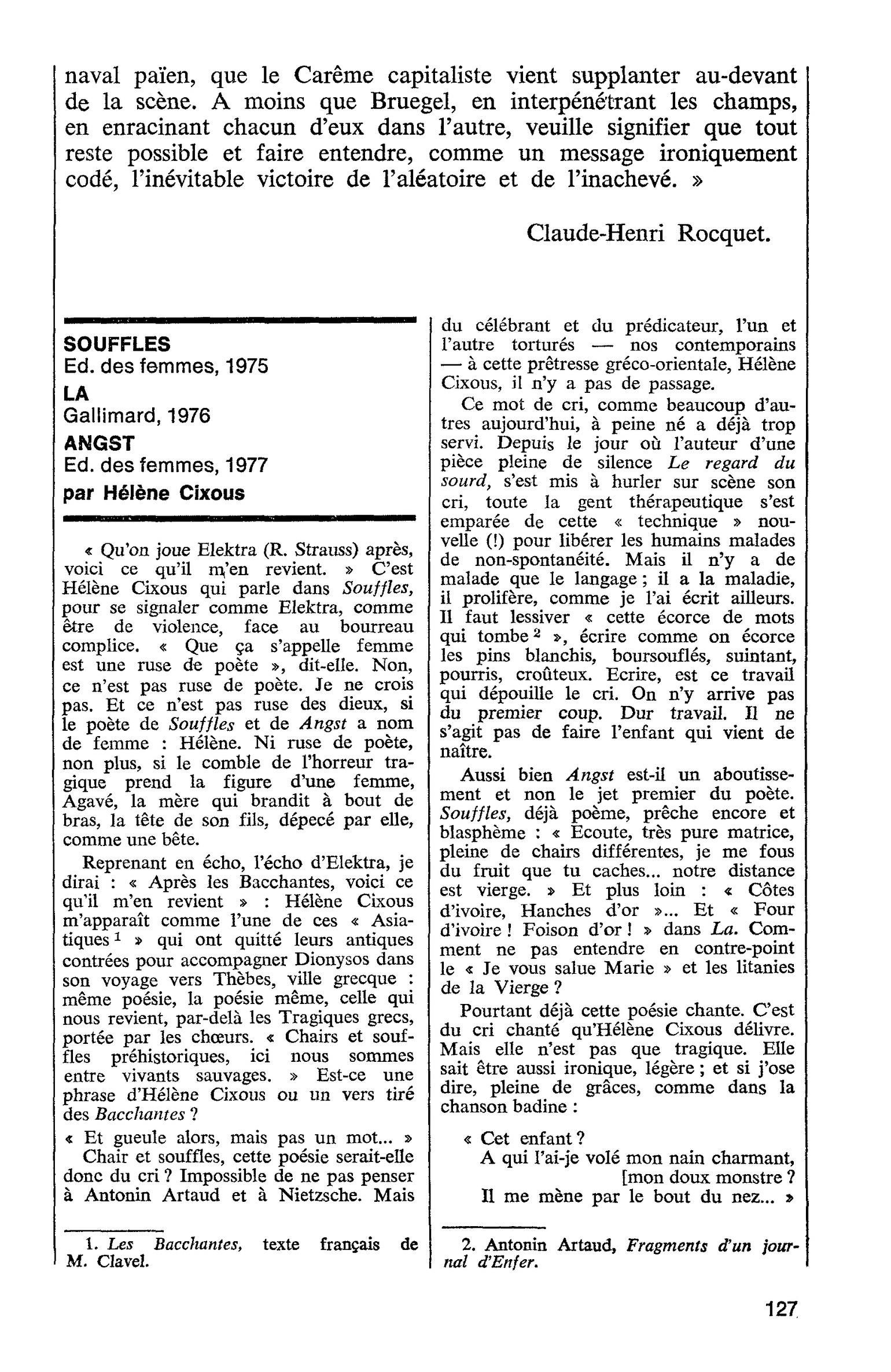 SOUFFLES LA ANGST par Hélène Cixous