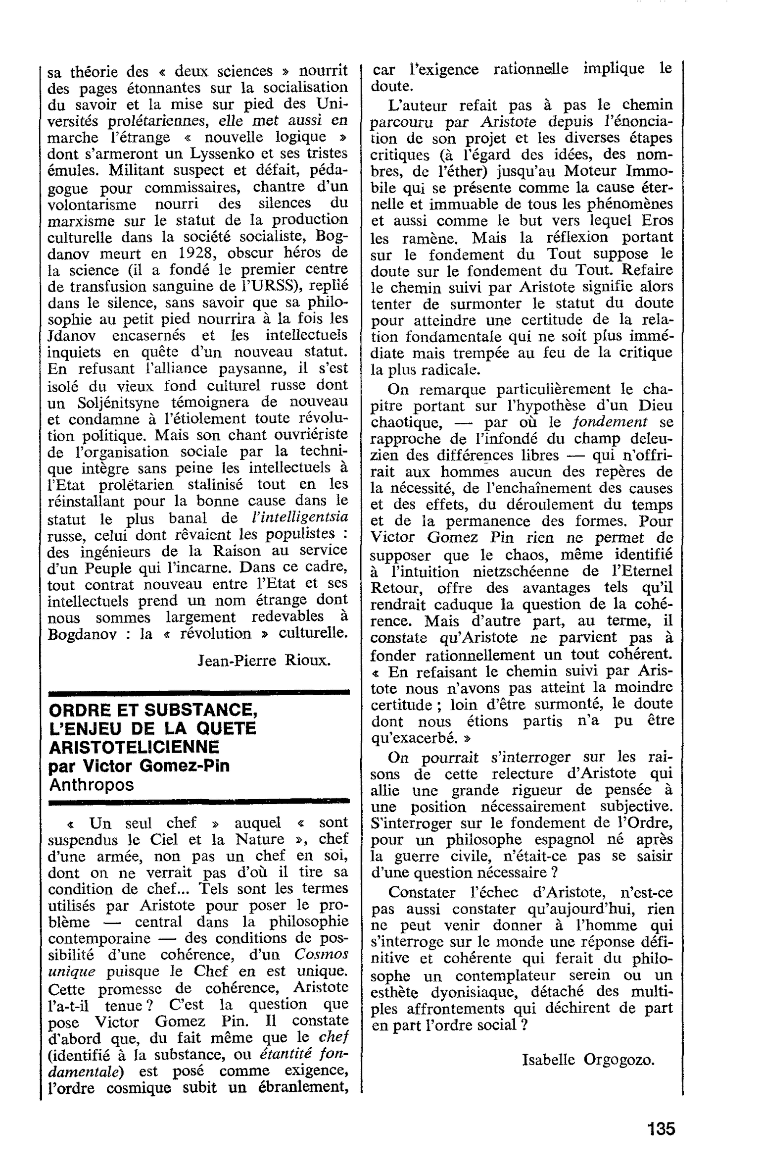 ORDRE ET SUBSTANCE, L’ENJEU DE LA QUETE ARISTOTELICIENNE par Victor Gomez-Pin