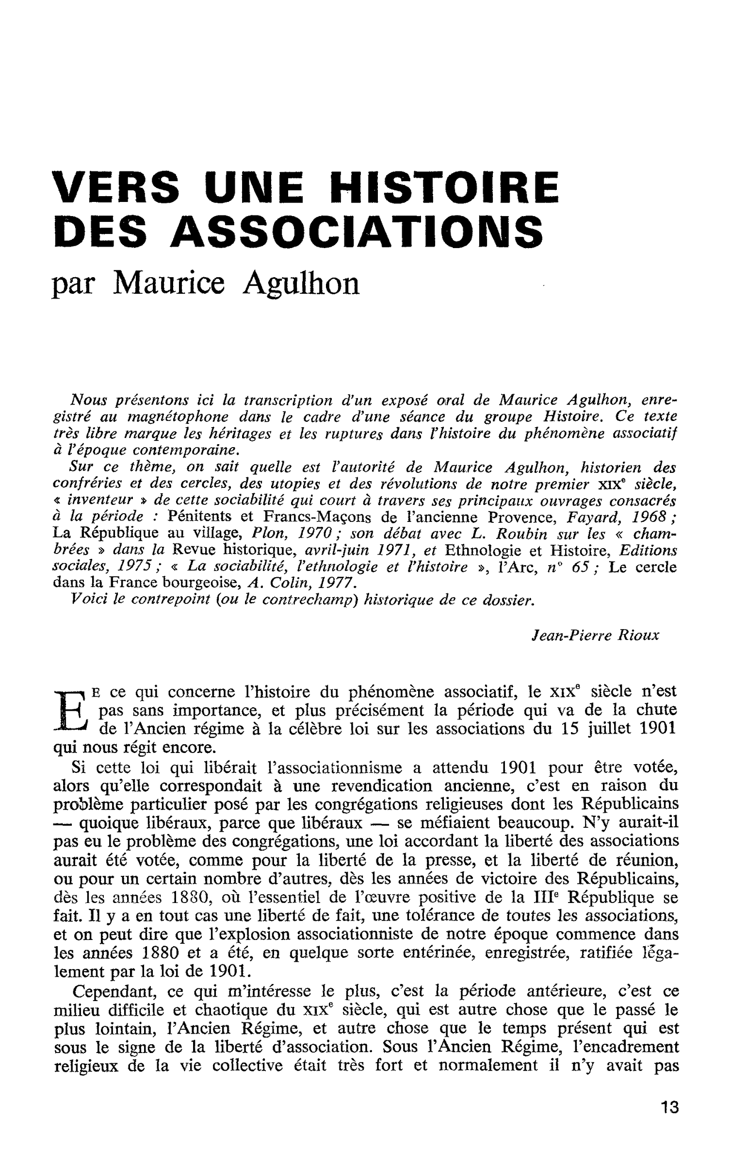 VERS UNE HISTOIRE DES ASSOCIATIONS