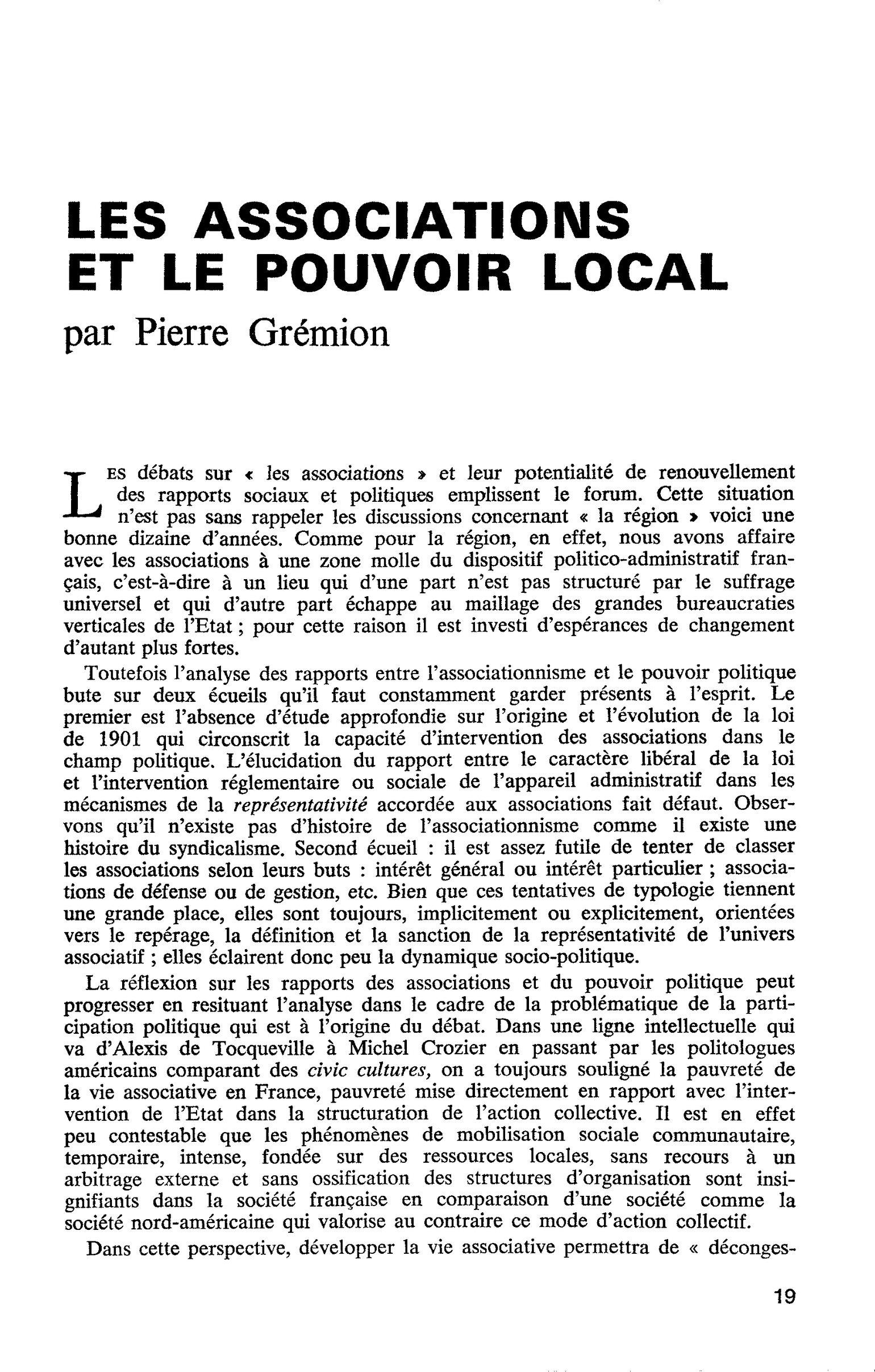 LES ASSOCIATIONS ET LE POUVOIR LOCAL