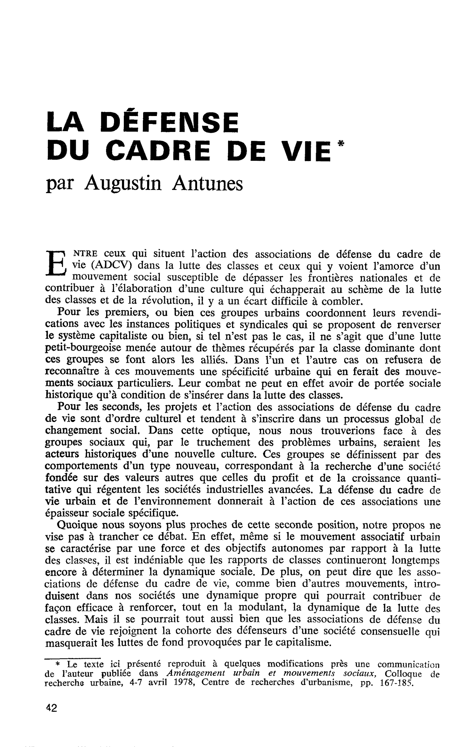 LA DÉFENSE DU CADRE DE VIE
