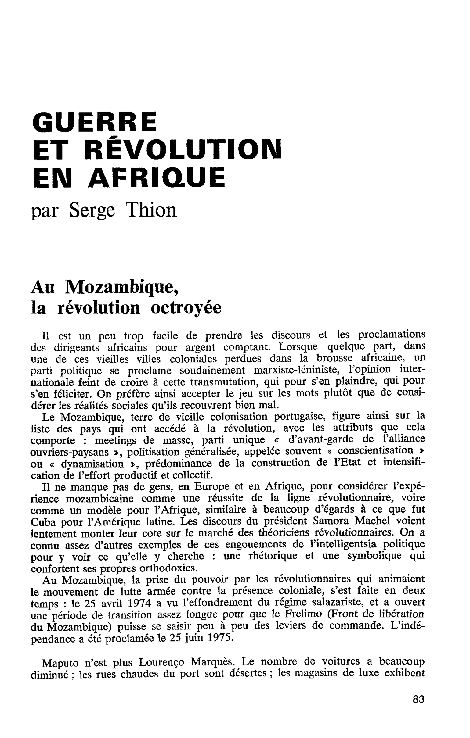 GUERRE ET RÉVOLUTION EN AFRIQUE