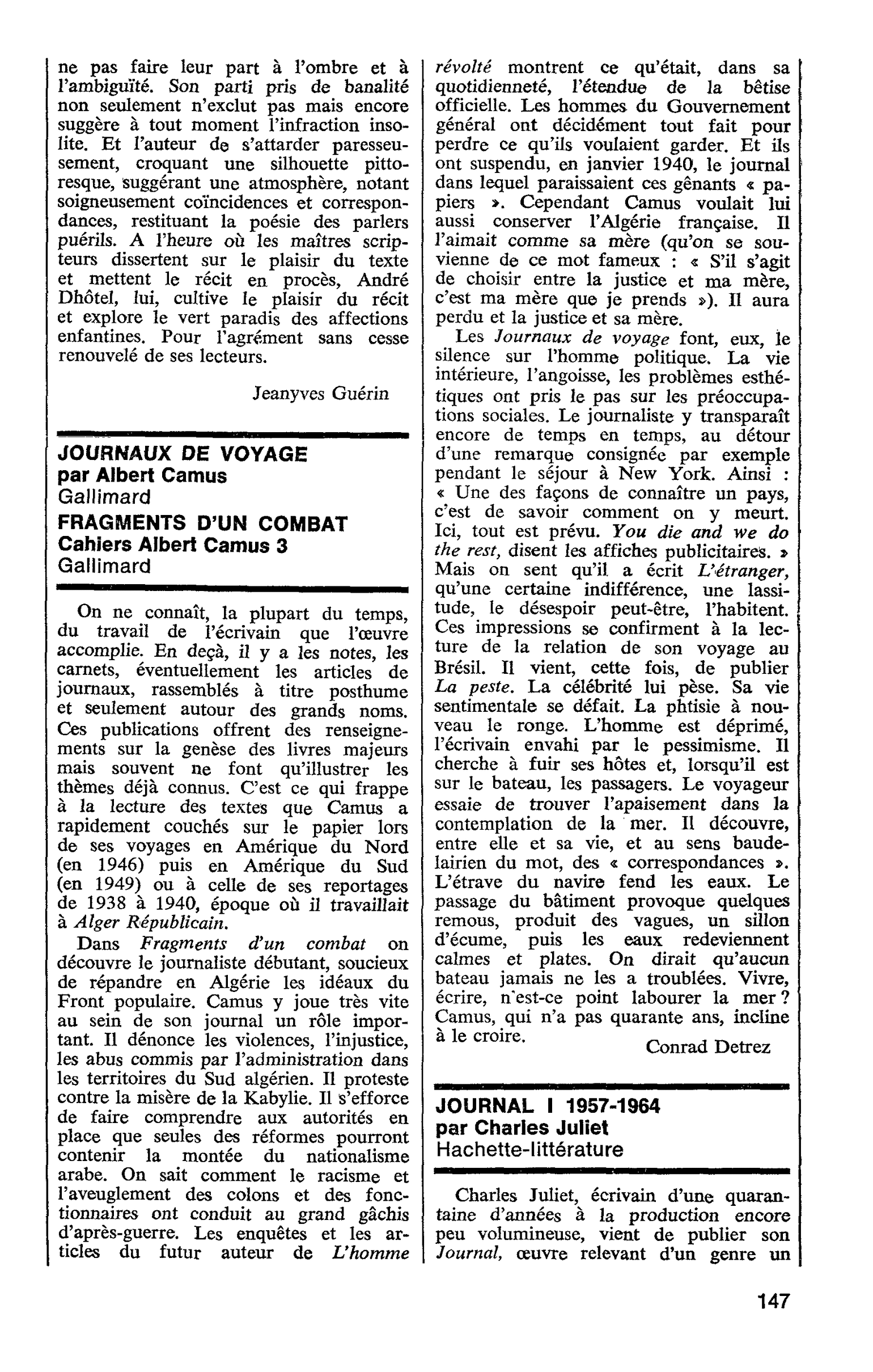 JOURNAUX DE VOYAGE par Albert Camus. FRAGMENTS D’UN COMBAT. Cahiers Albert Camus