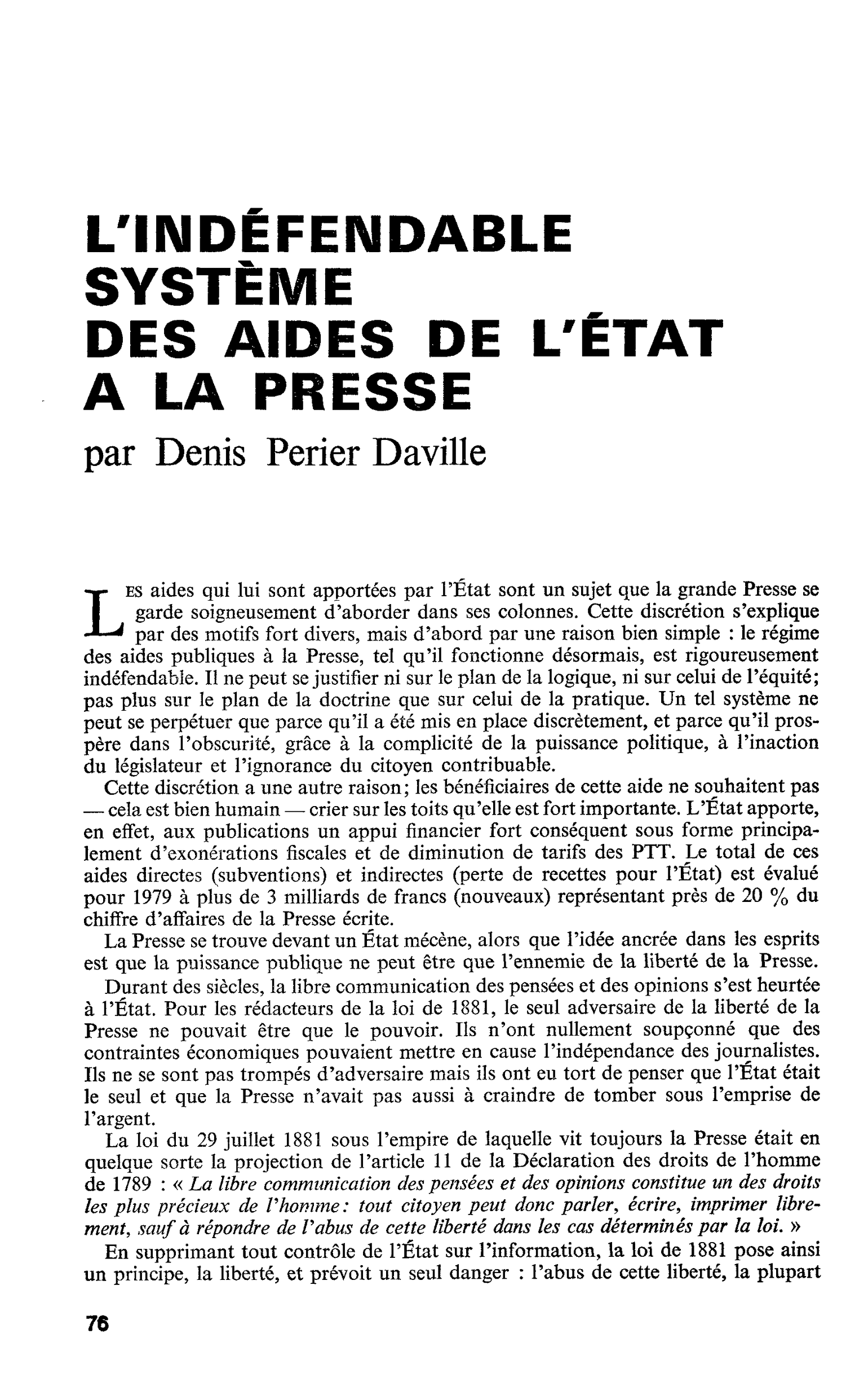 L’INDÉFENDABLE SYSTÈME DES AIDES DE L’ÉTAT A LA PRESSE
