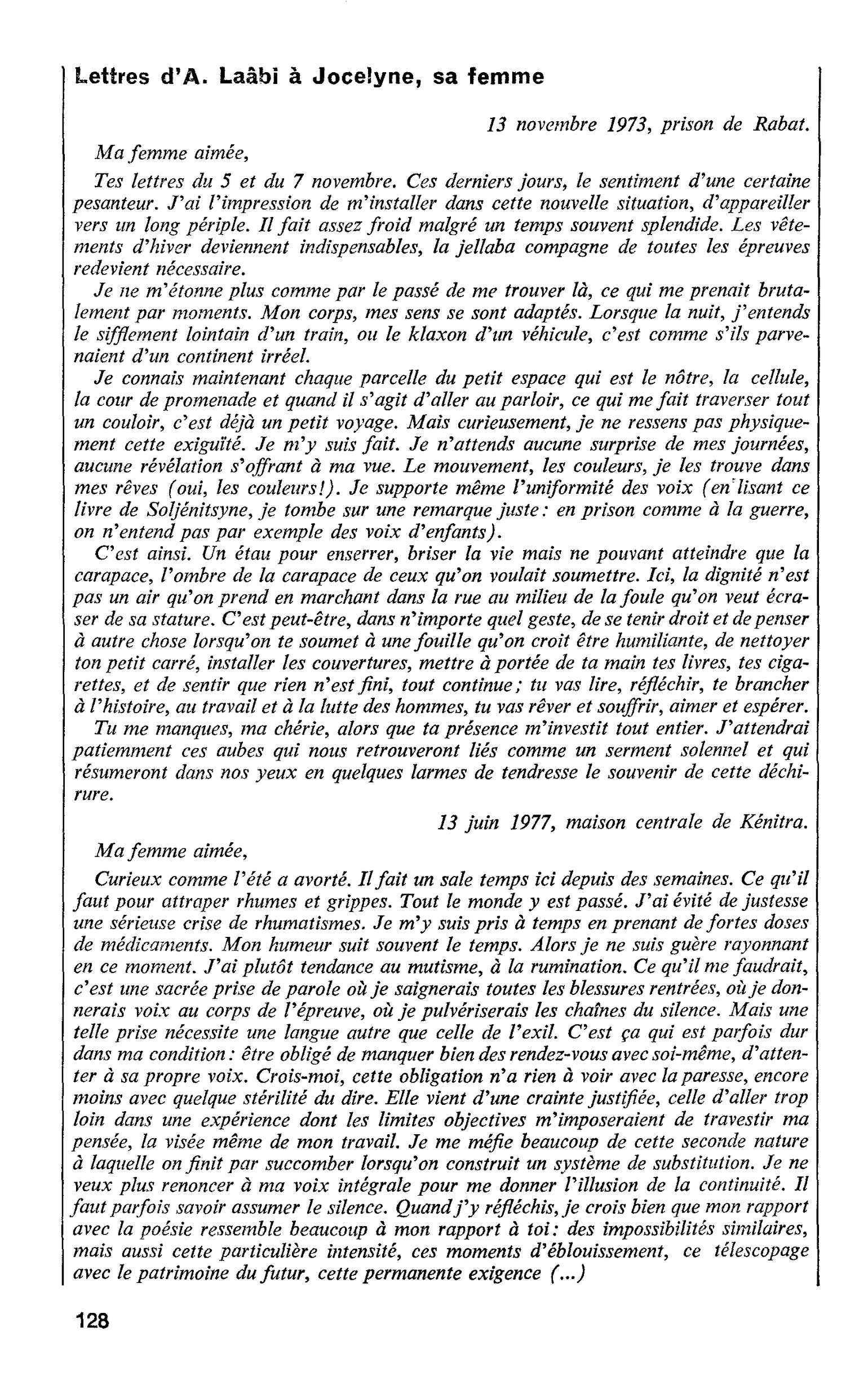 Lettres d’A. Laâbi à Joceiyne, sa femme