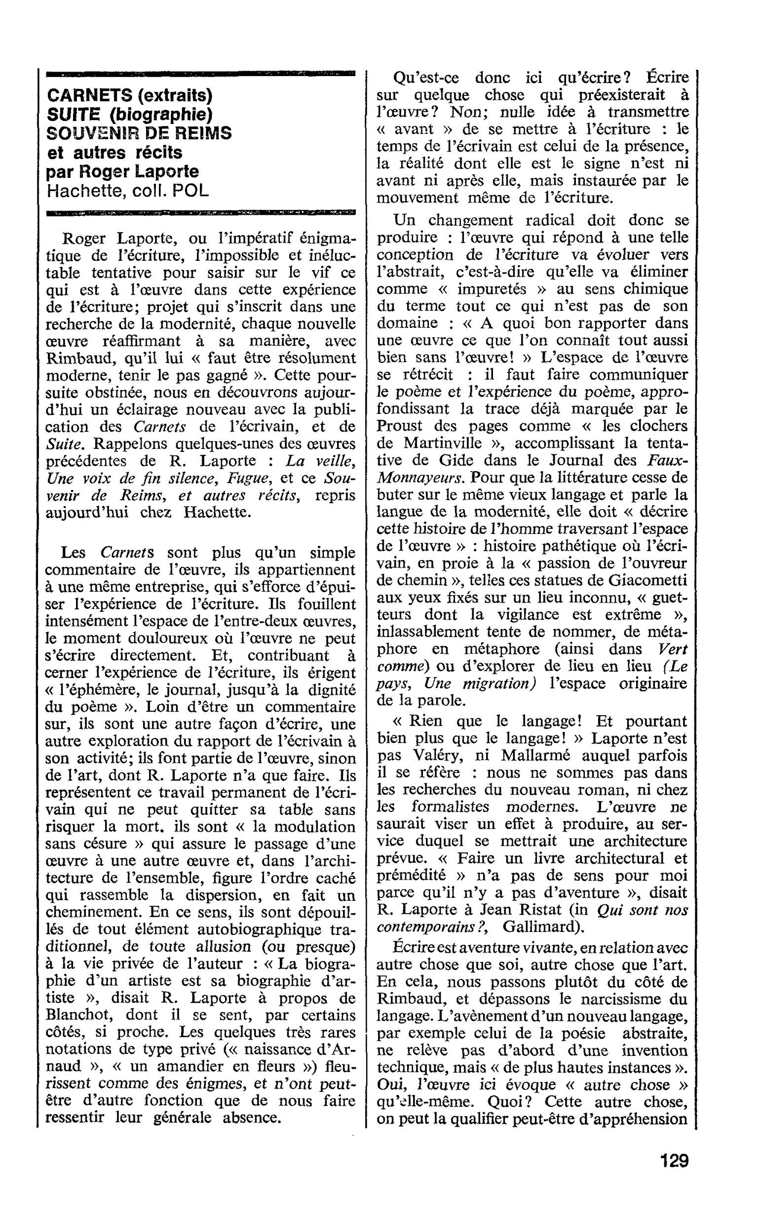 CARNETS (extraits). SUITE (biographie). SOUVENIR DE REIMS et autres récits par Roger Laporte