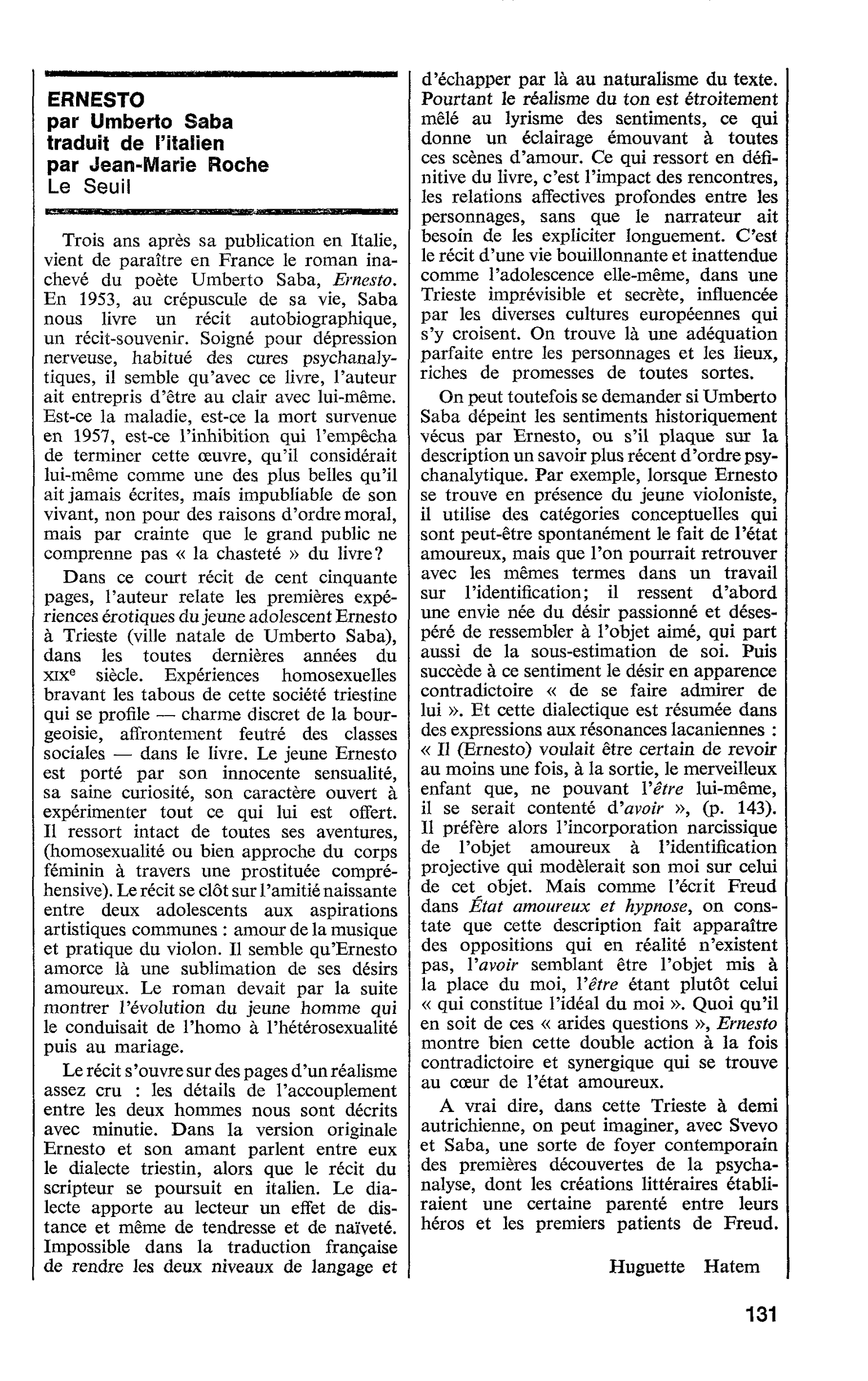 ERNESTO par Umberto Saba