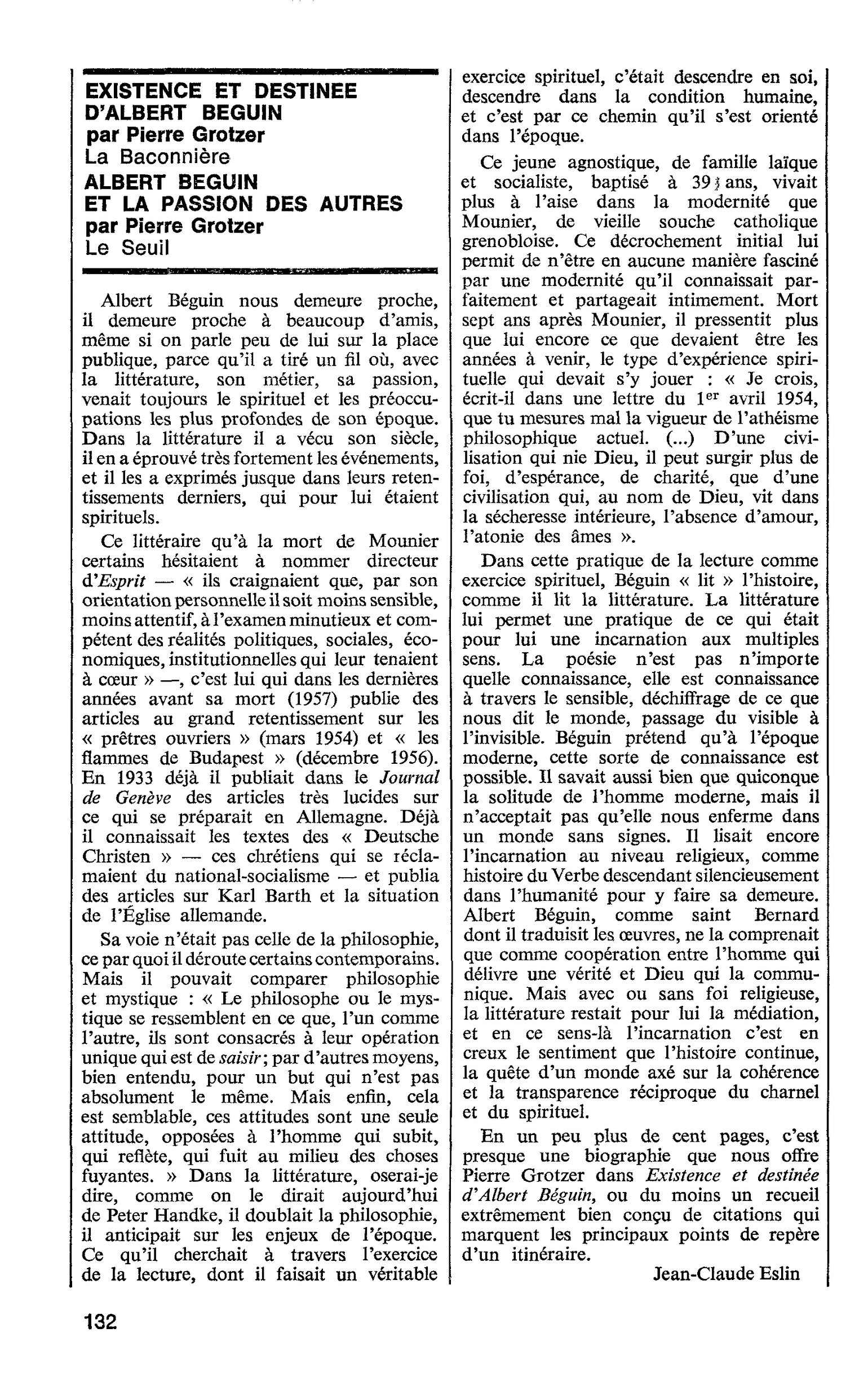 EXISTENCE ET DESTINEE D’ALBERT BEGUIN par Pierre Grotzer. ALBERT BEGUIN ET LA PASSION DES AUTRES par Pierre Grotzer