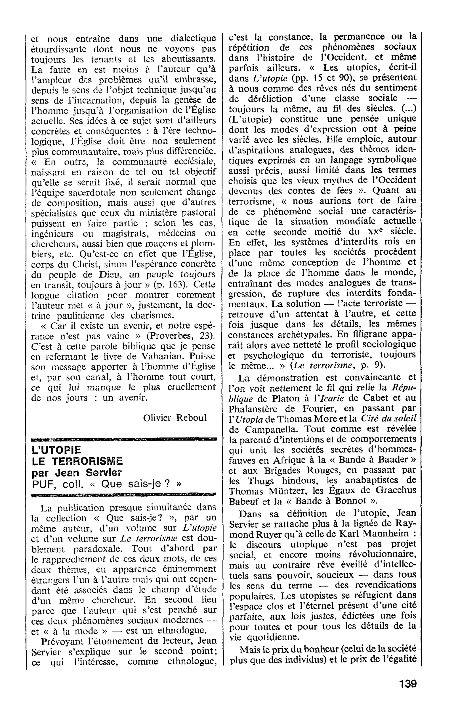 L’UTOPIE LE TERRORISME par Jean Servier