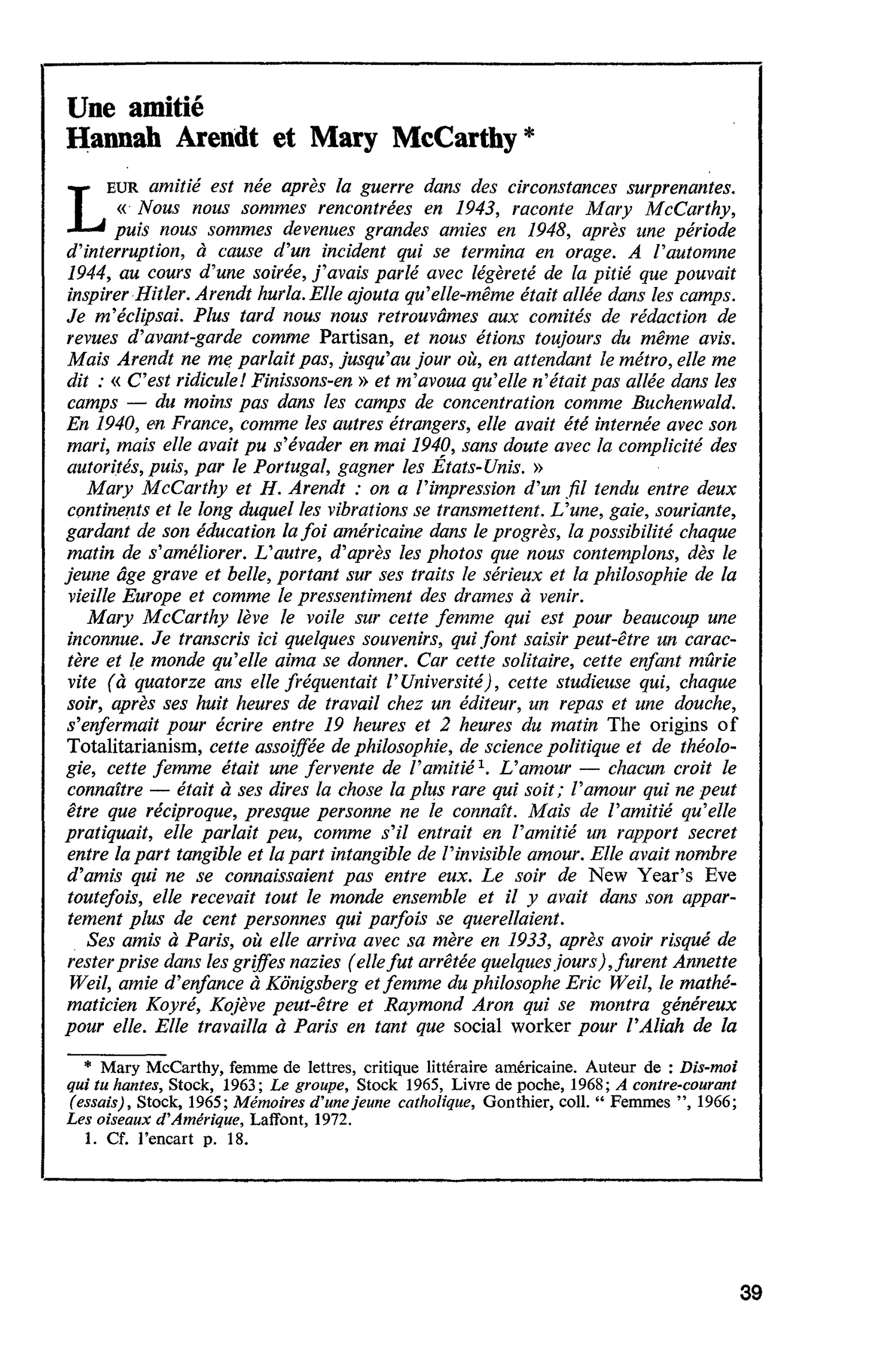 Une amitié Hannah Arendt et Mary McCarthy