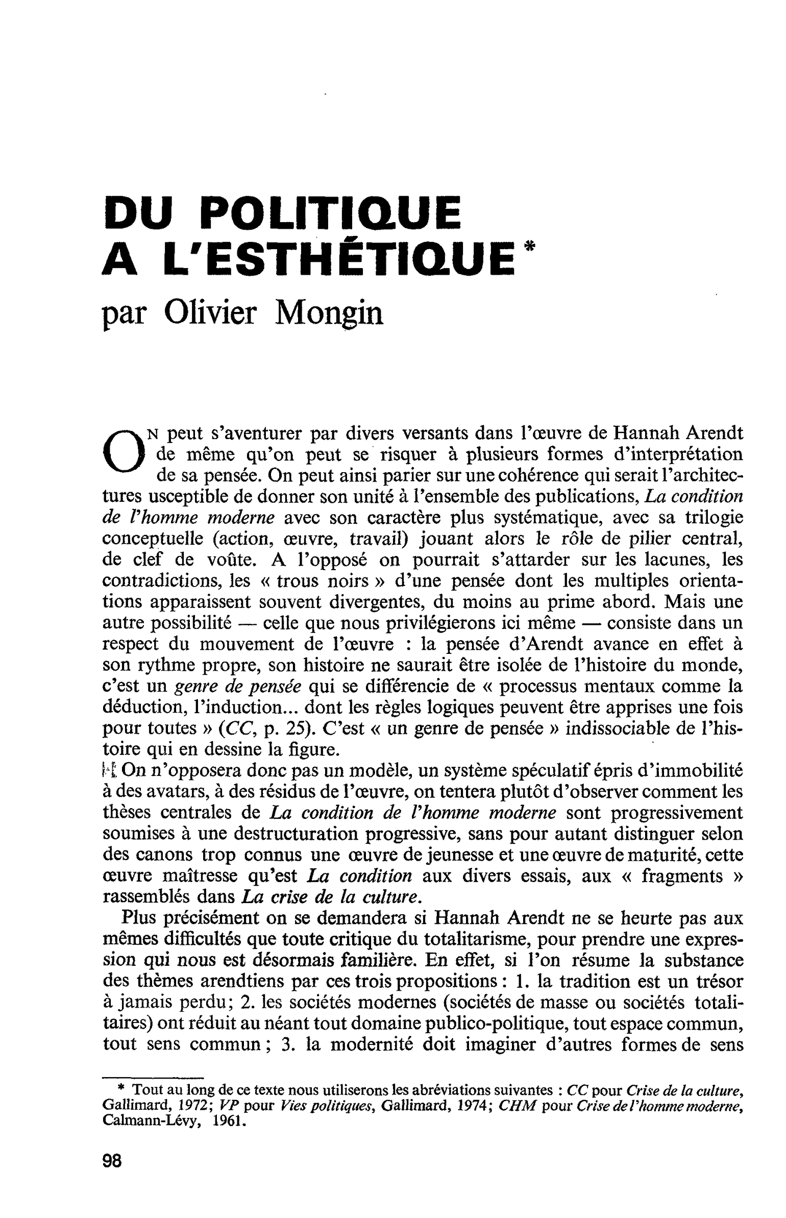 DU POLITIQUE A L’ESTHÉTIQUE