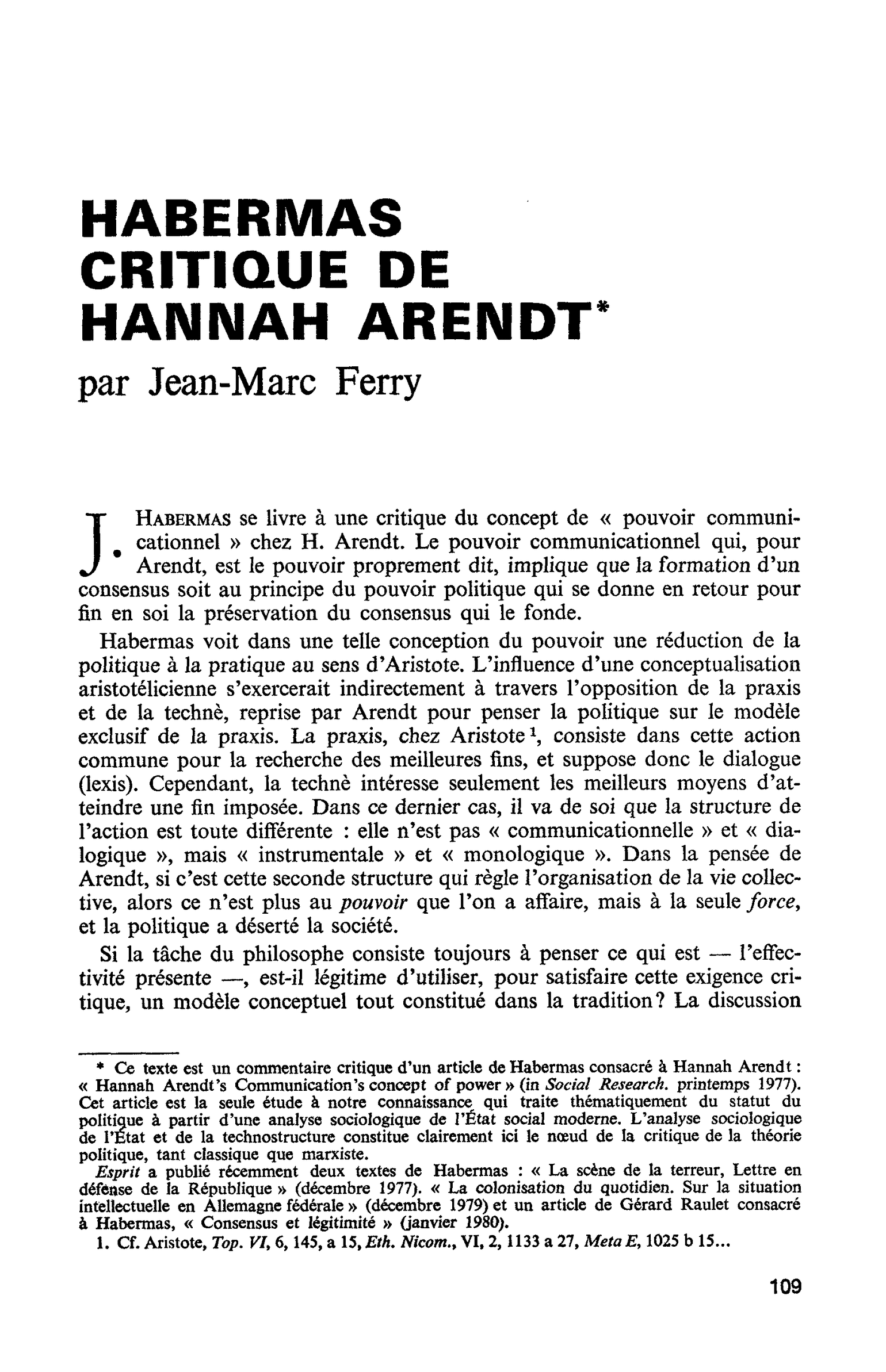 HABERMAS CRITIQUE DE HANNAH ARENDT