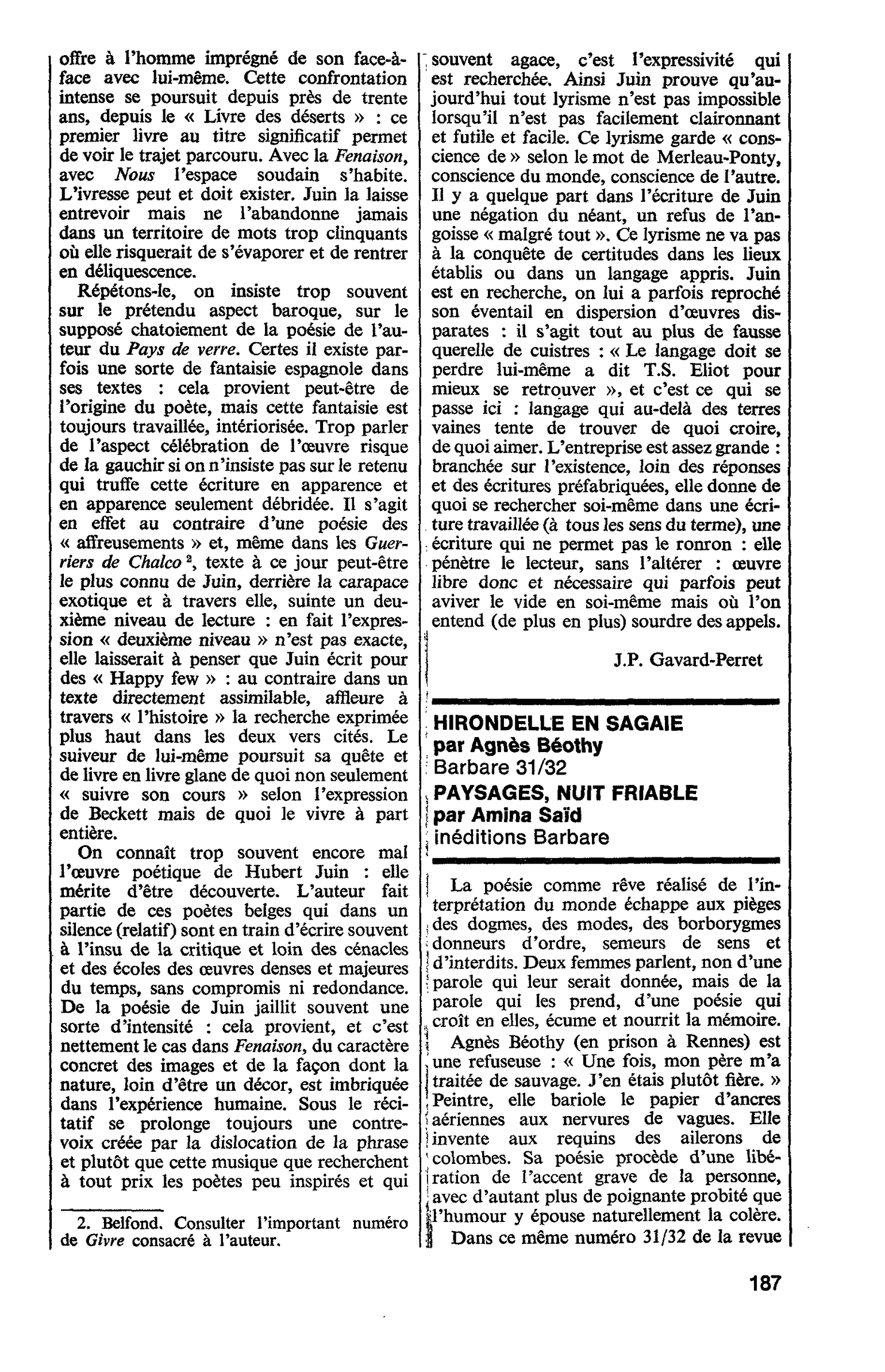 HIRONDELLE EN SAGAIE par Agnès Béothy. PAYSAGES, NUIT FRIABLE par Amina Saïd