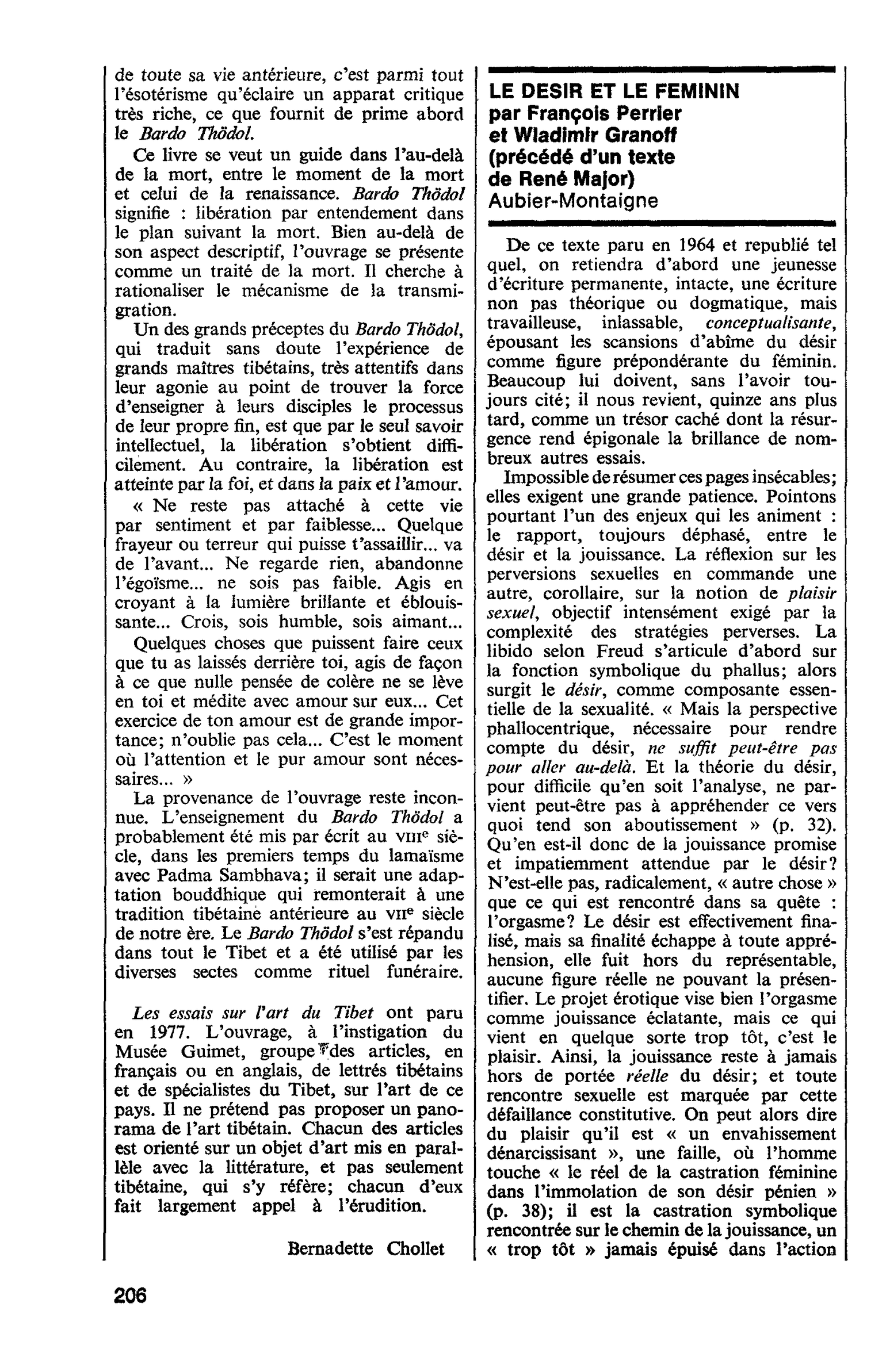 LE DESIR ET LE FEMININ par François Perrier et Wladimir Granoff (précédé d’un texte de René Major)