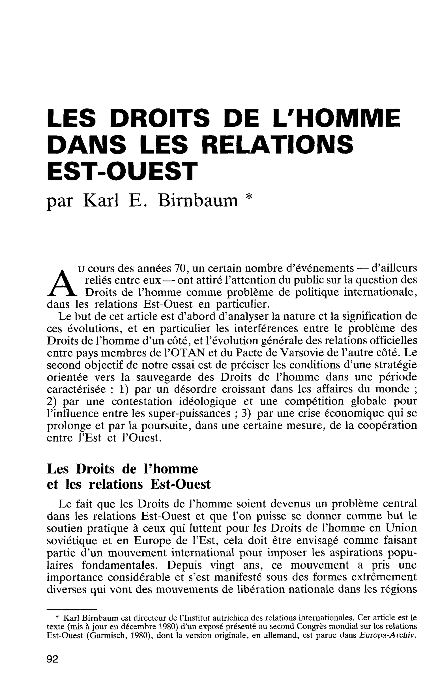 LES DROITS DE L’HOMME DANS LES RELATIONS EST-OUEST