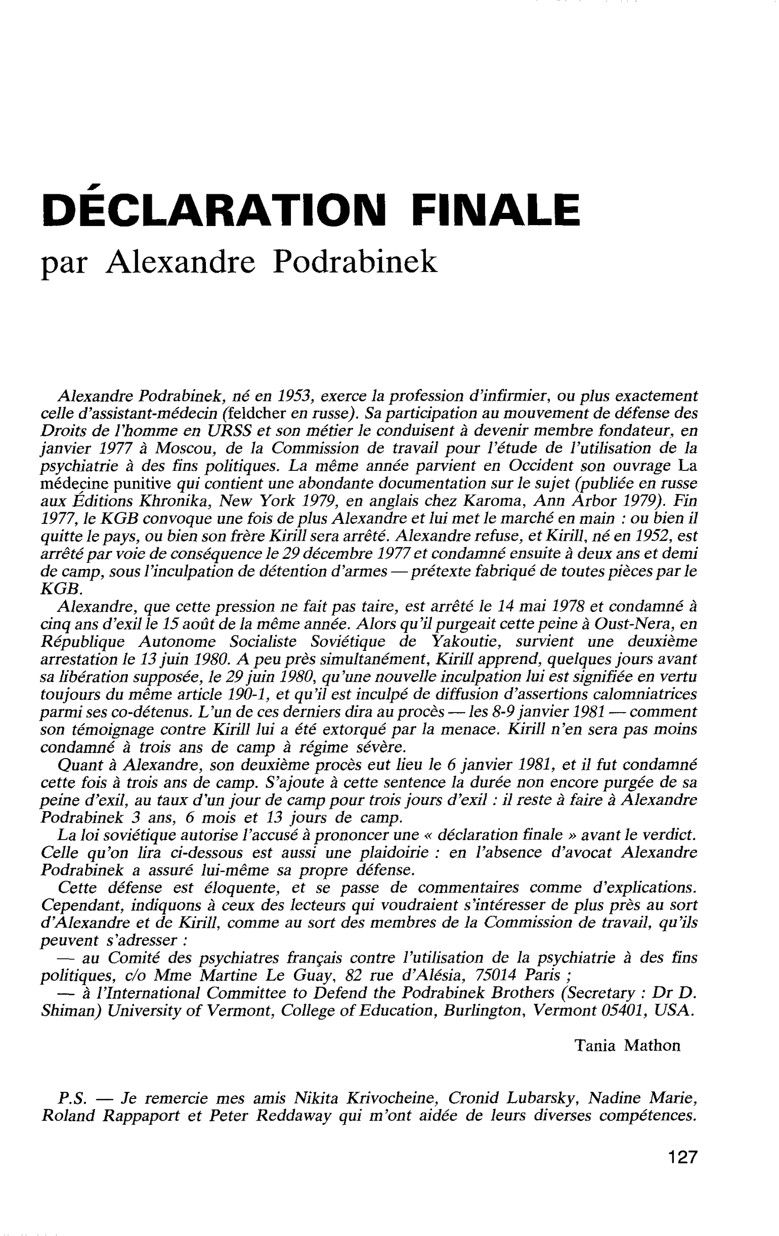 DÉCLARATION FINALE