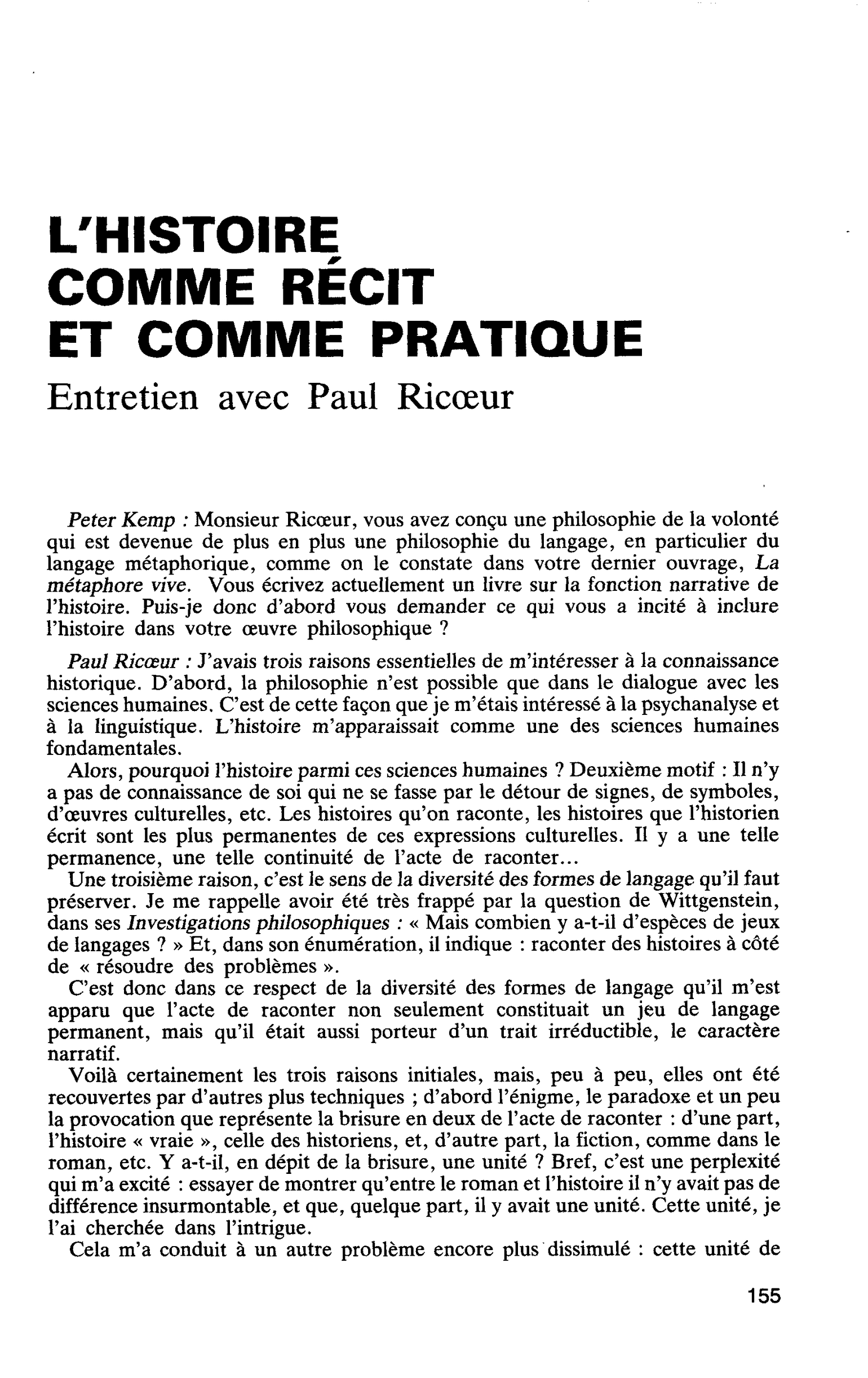 L’HISTOIRE COMME RÉCIT ET COMME PRATIQUE. Entretien avec Paul Ricoeur