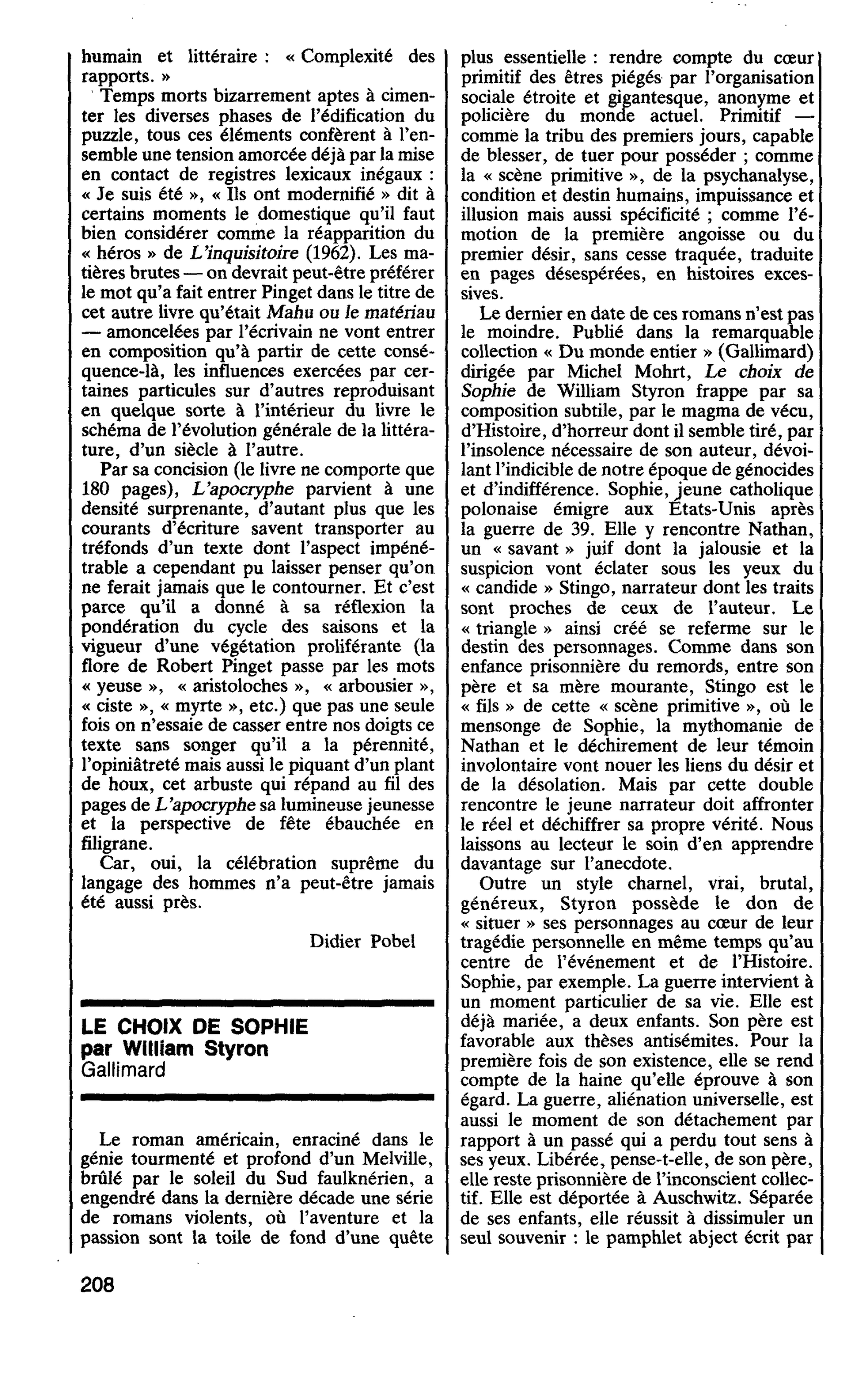 LE CHOIX DE SOPHIE par William Styron