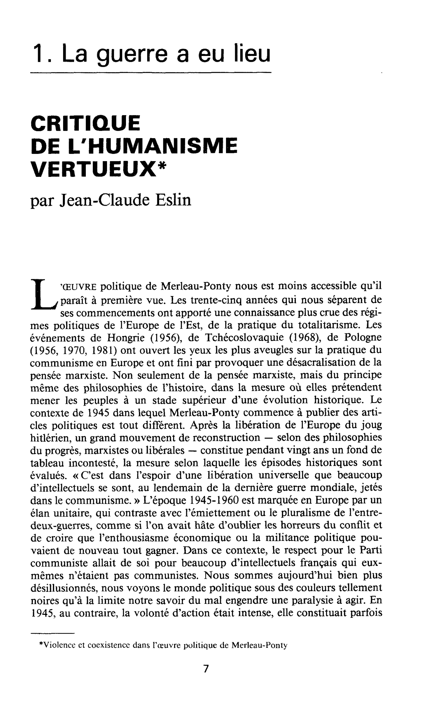 CRITIQUE DE L’HUMANISME VERTUEUX