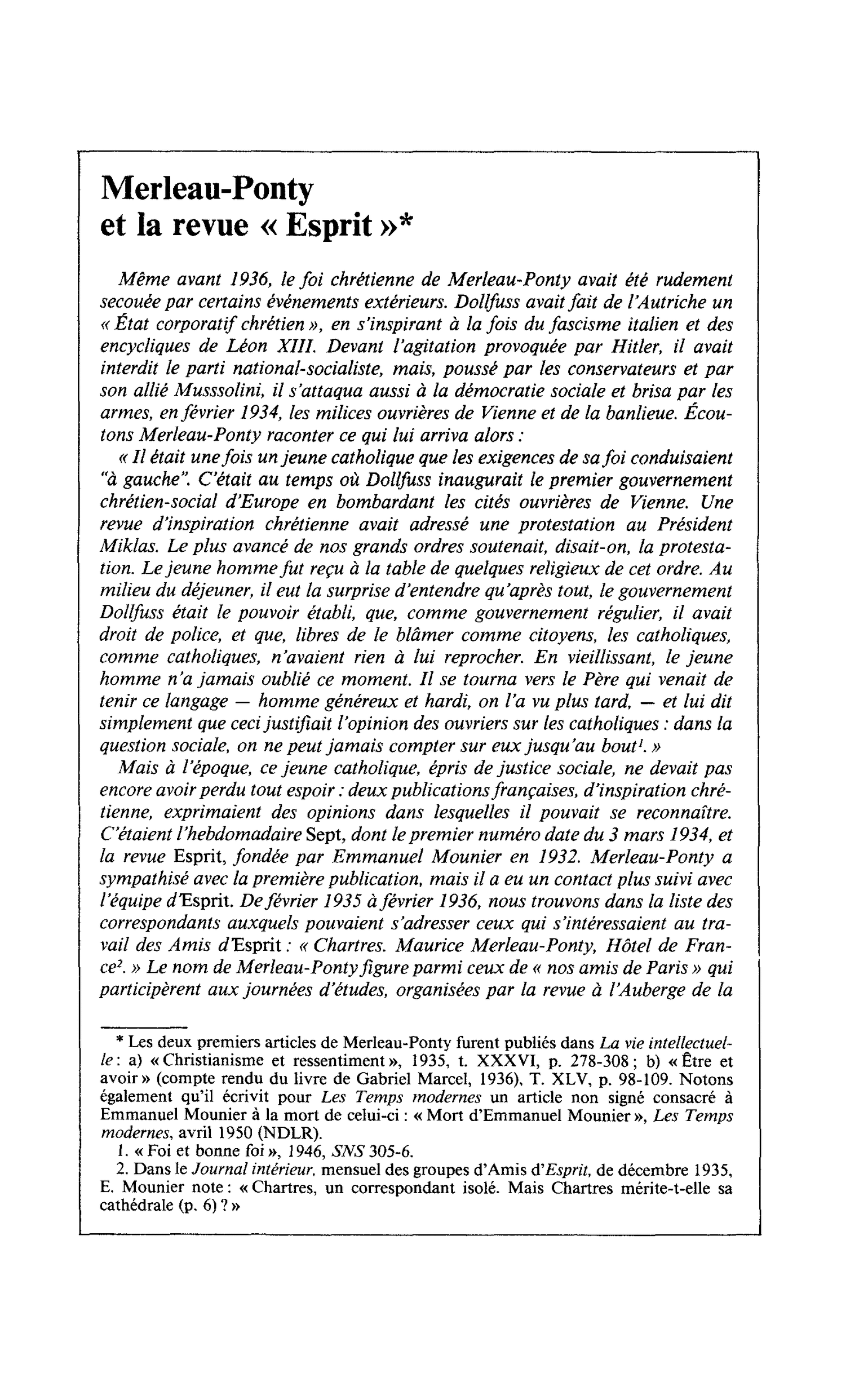Merleau-Ponty et la revue « Esprit »