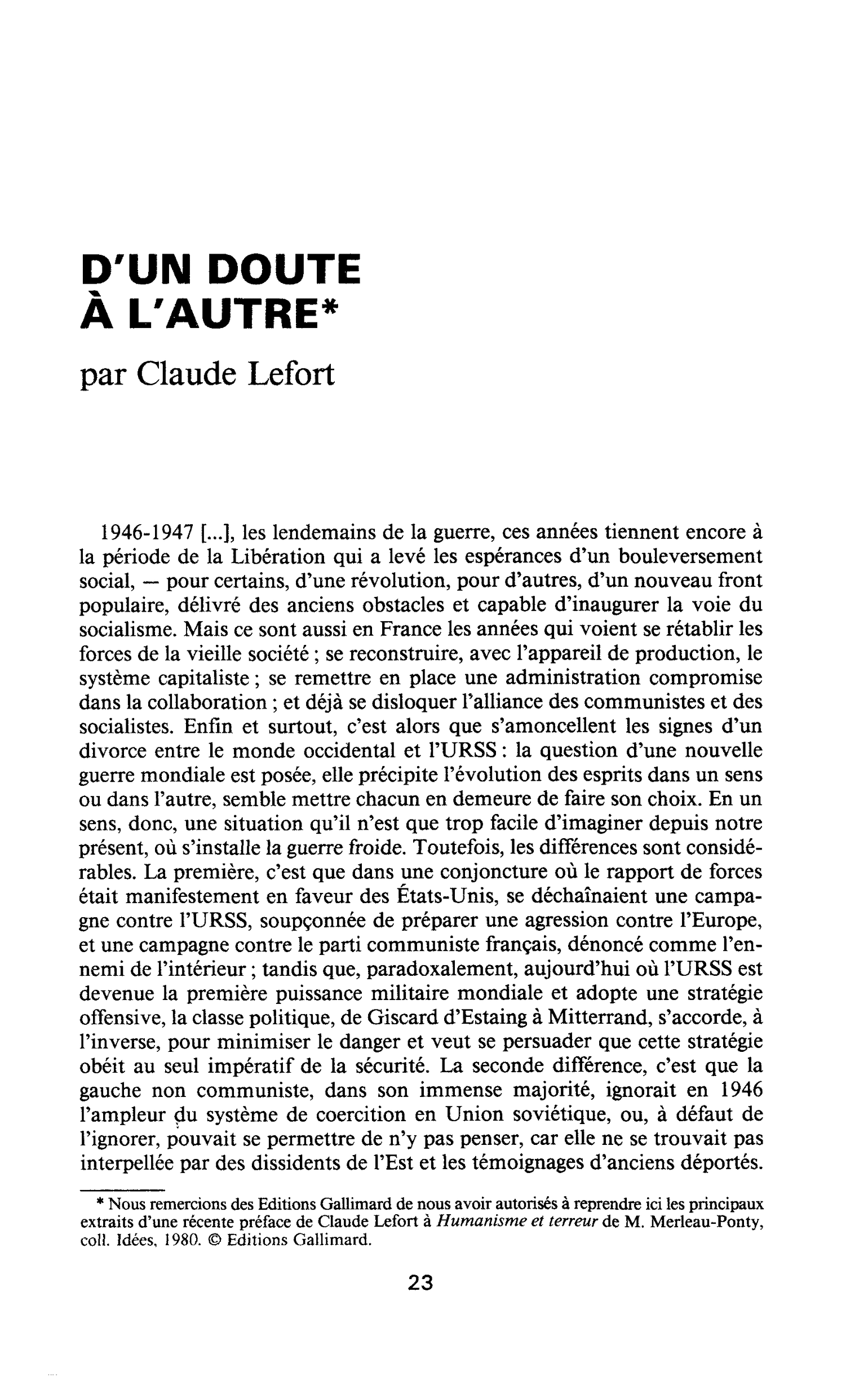 D’UN DOUTE À L’AUTRE