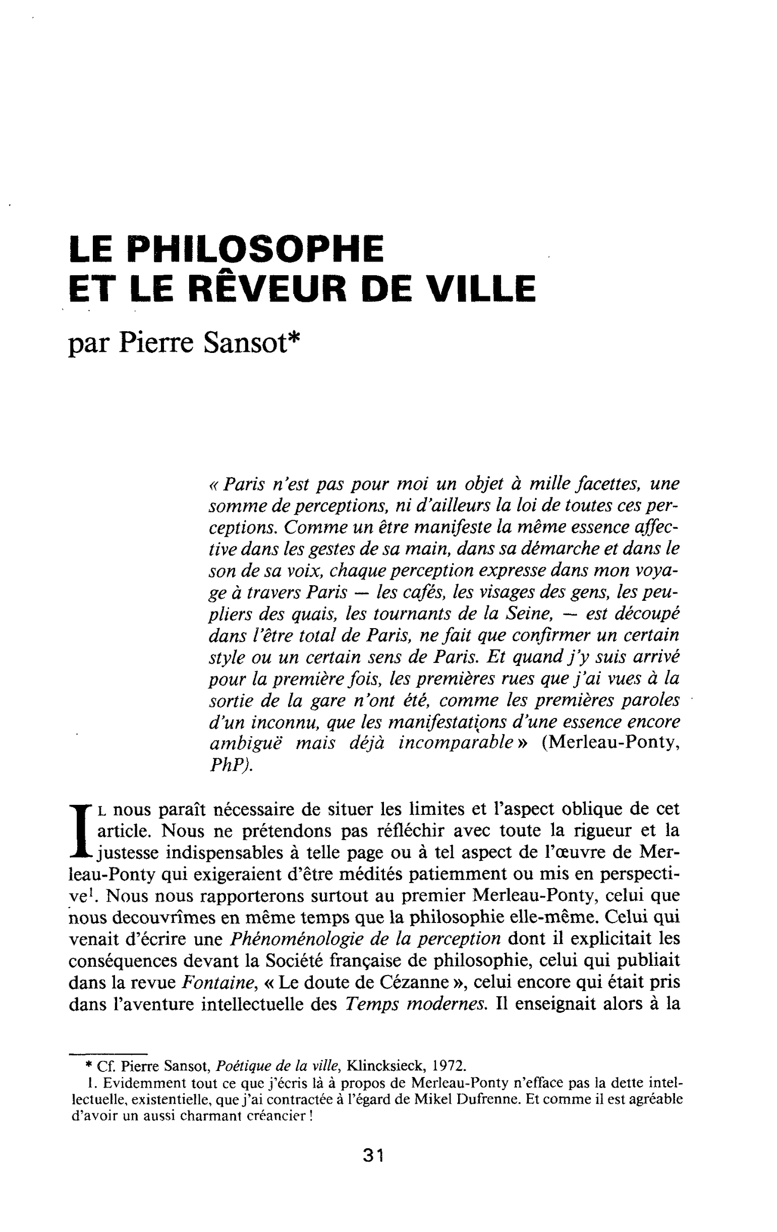 LE PHILOSOPHE ET LE RÊVEUR DE VILLE