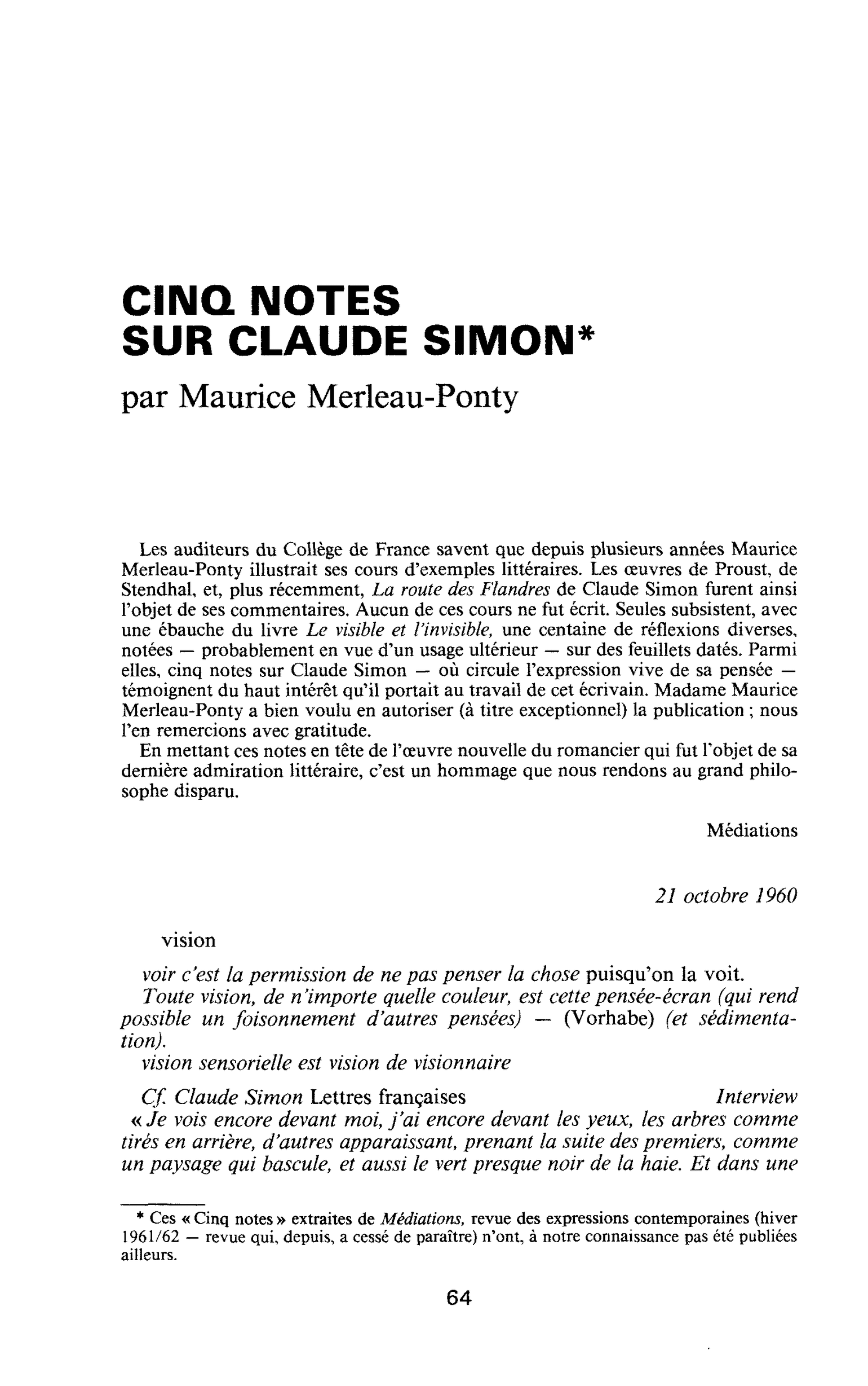 CINQ NOTES SUR CLAUDE SIMON