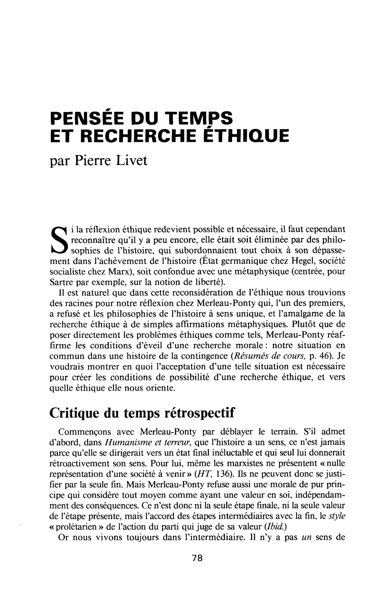 PENSÉE DU TEMPS ET RECHERCHE ÉTHIQUE