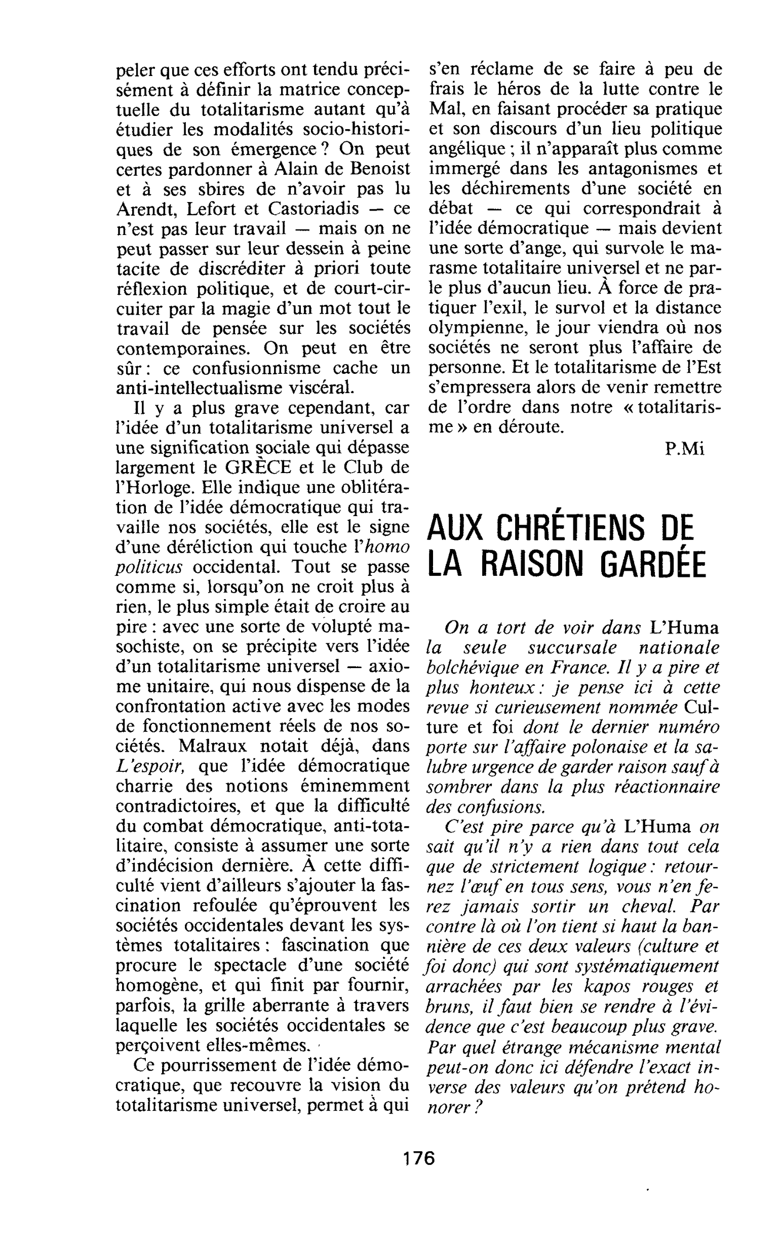 AUX CHRÉTIENS DE LA RAISON GARDÉE