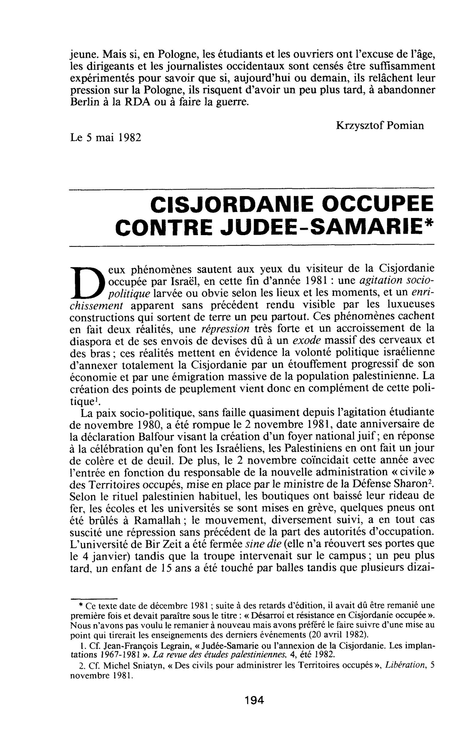 CISJORDANIE OCCUPEE CONTRE JUDEE SAMARIE