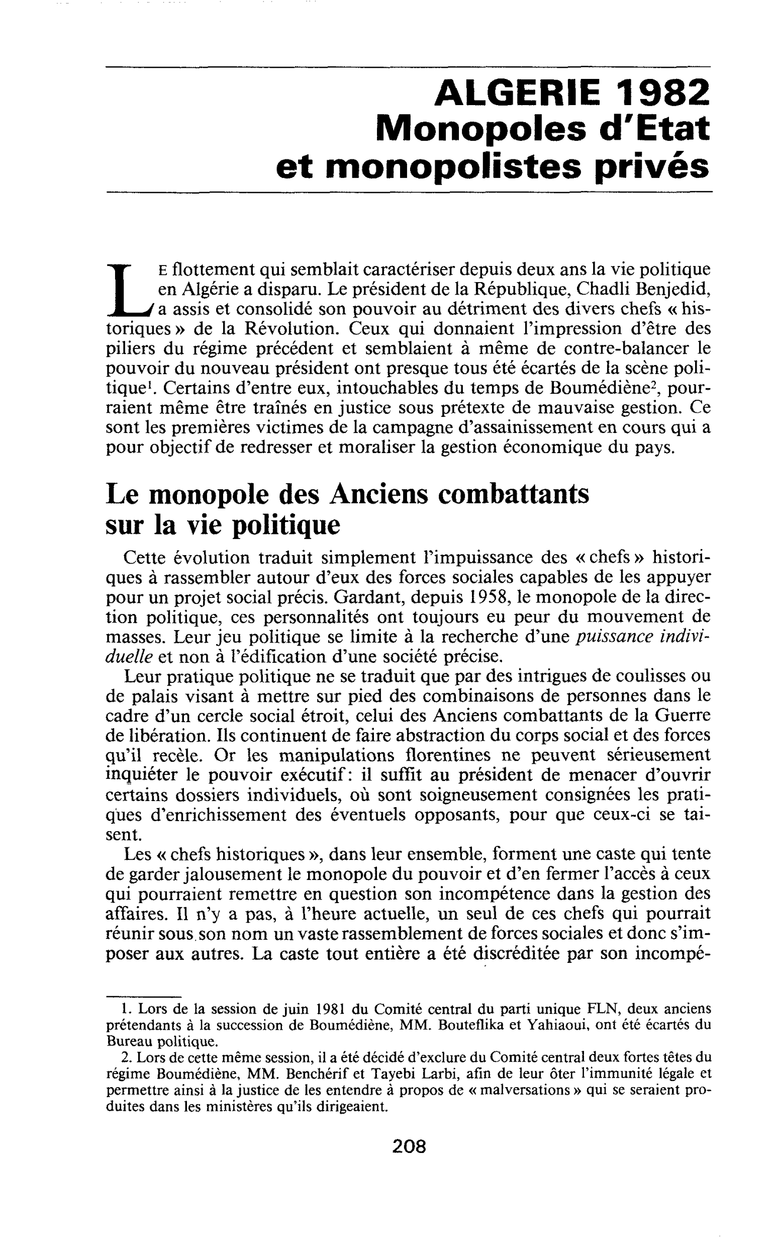 ALGERIE 1982. Monopoles d’Etat et monopolistes privés