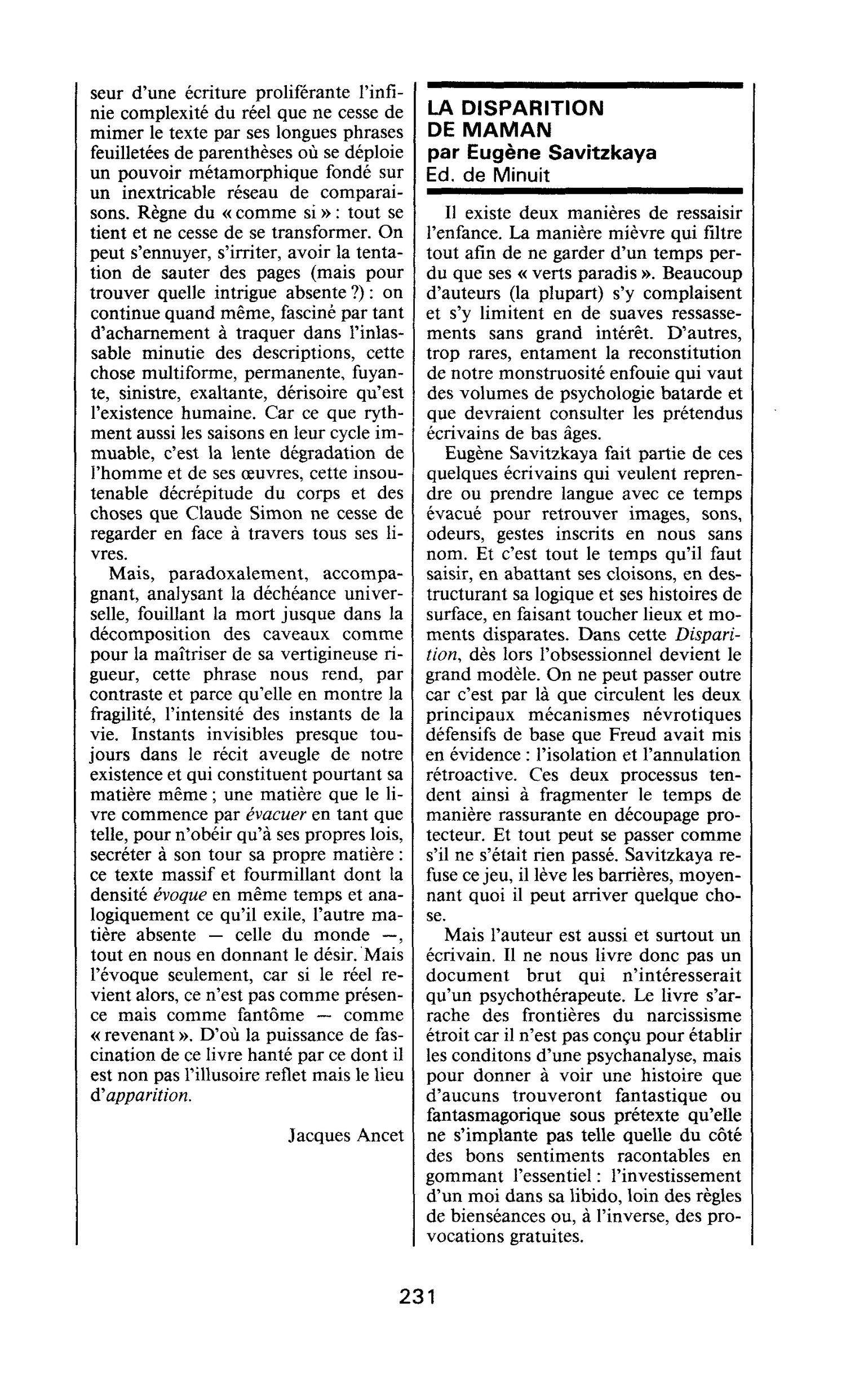 LA DISPARITION DE MAMAN par Eugène Savitzkaya