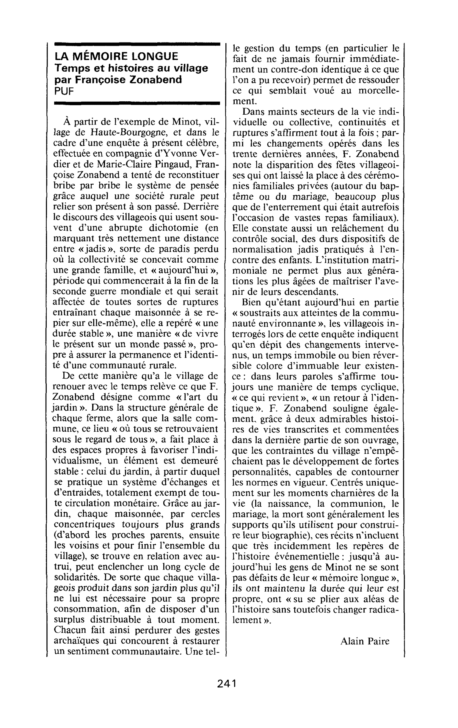 LA MÉMOIRE LONGUE. Temps et histoires au village par Françoise Zonabend