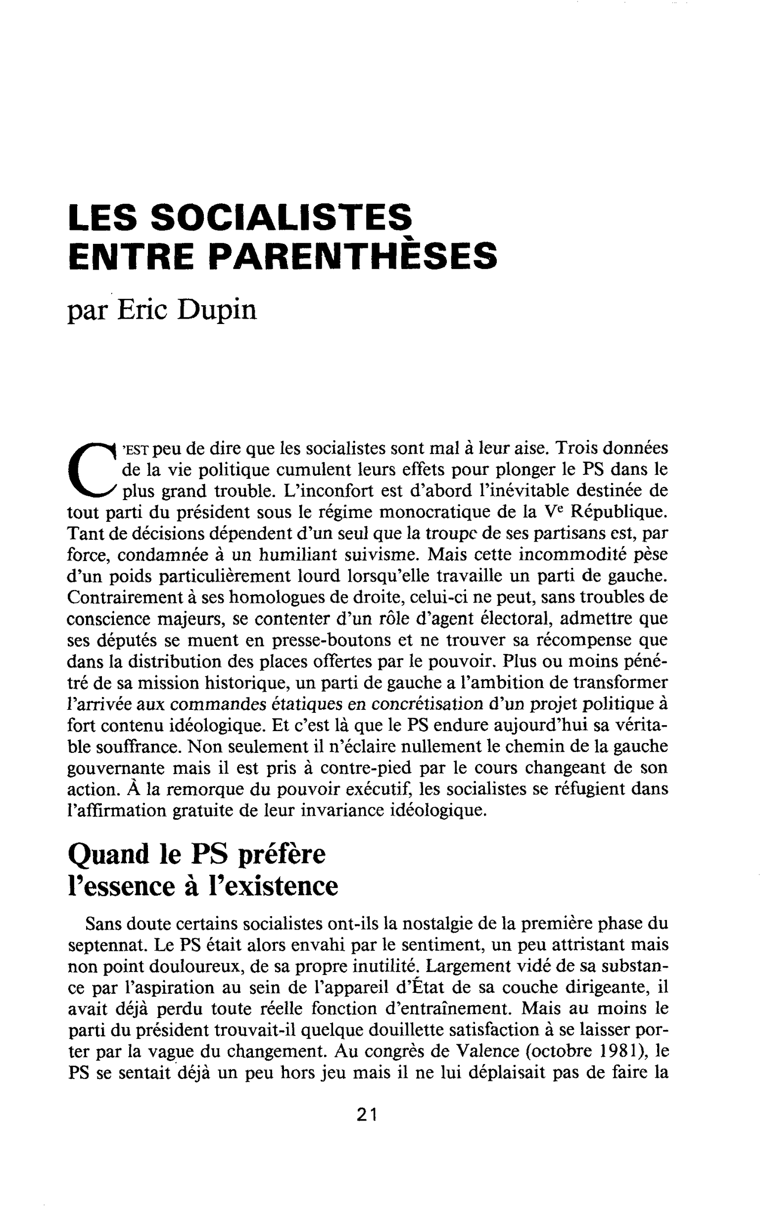 LES SOCIALISTES ENTRE PARENTHÈSES