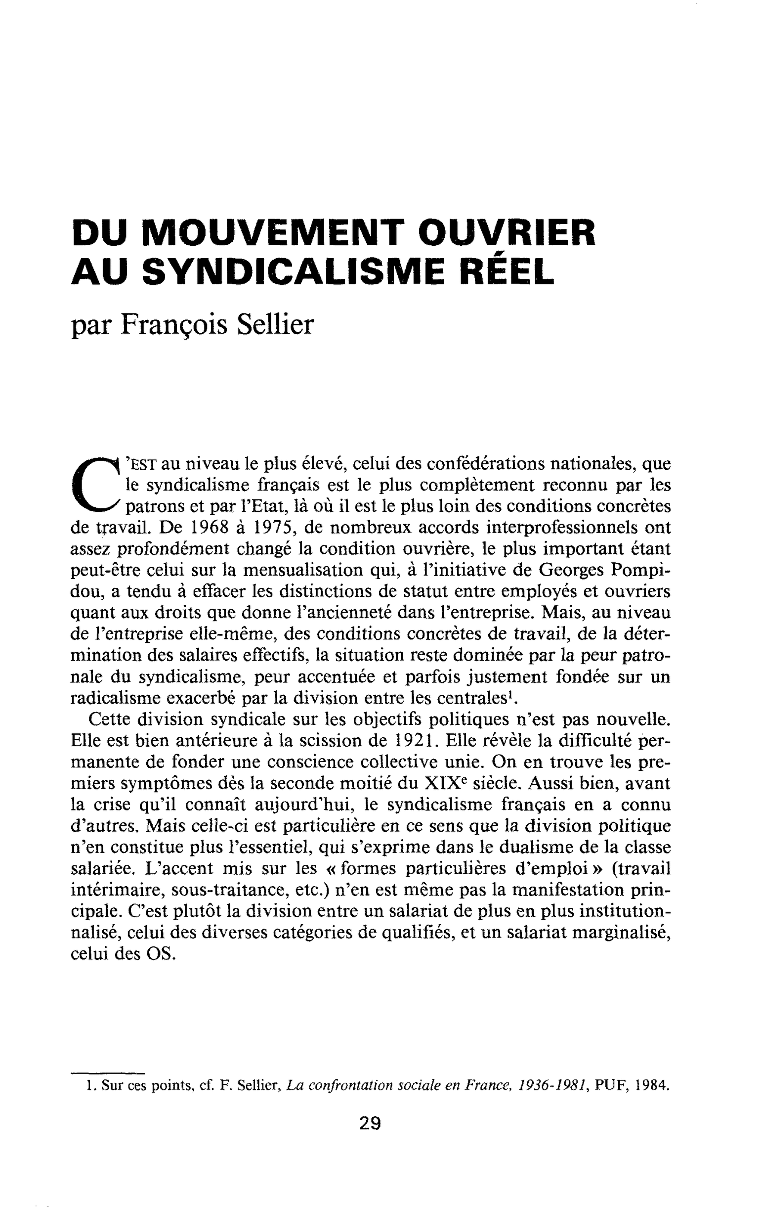 DU MOUVEMENT OUVRIER AU SYNDICALISME RÉEL