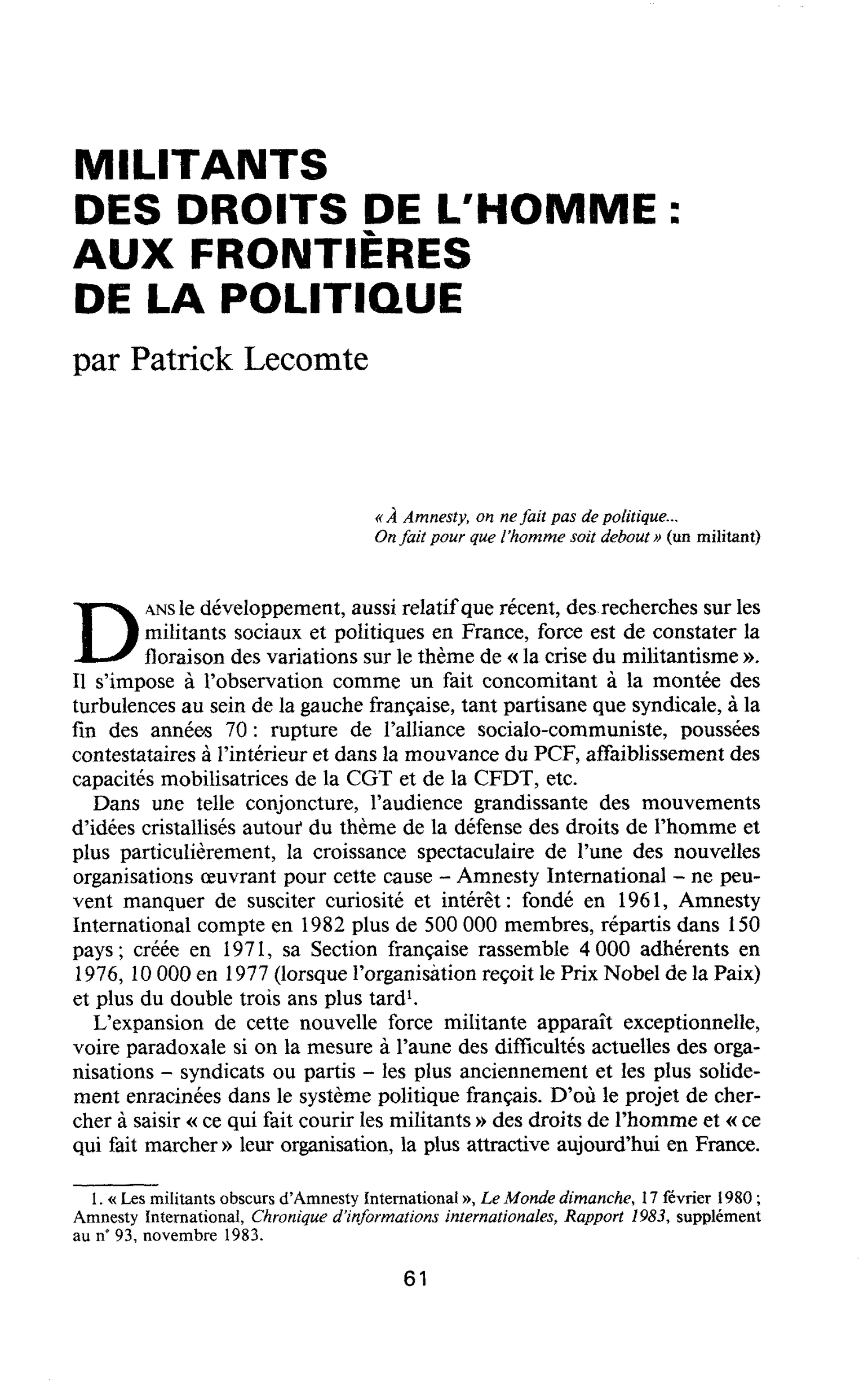 MILITANTS DES DROITS DE L’HOMME : AUX FRONTIÈRES DE LA POLITIQUE