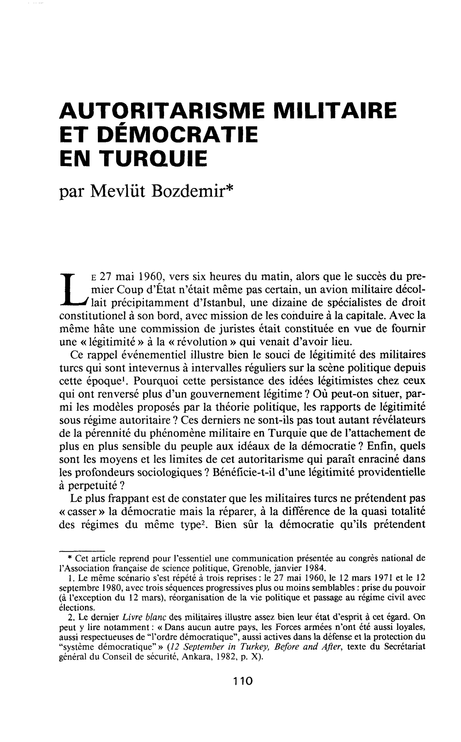 AUTORITARISME MILITAIRE ET DÉMOCRATIE EN TURQUIE