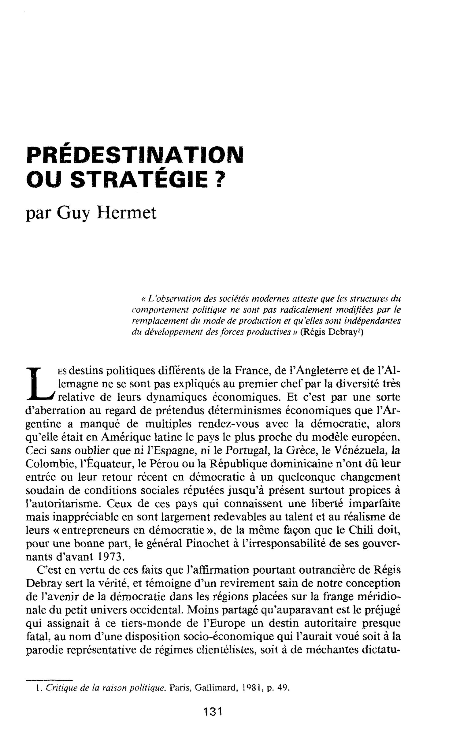 PRÉDESTINATION OU STRATÉGIE ?