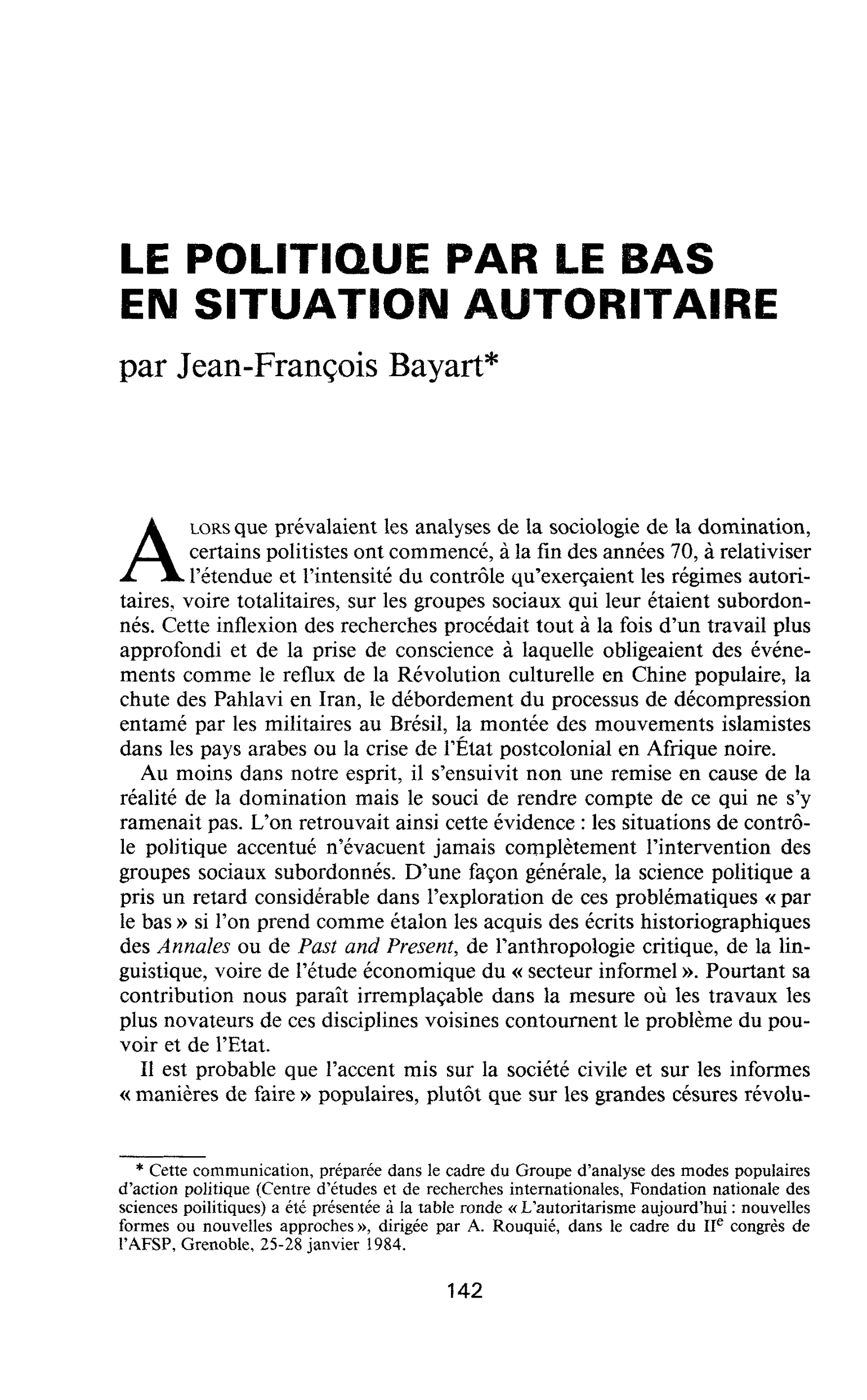 LE POLITIQUE PAR LE BAS EN SITUATION AUTORITAIRE