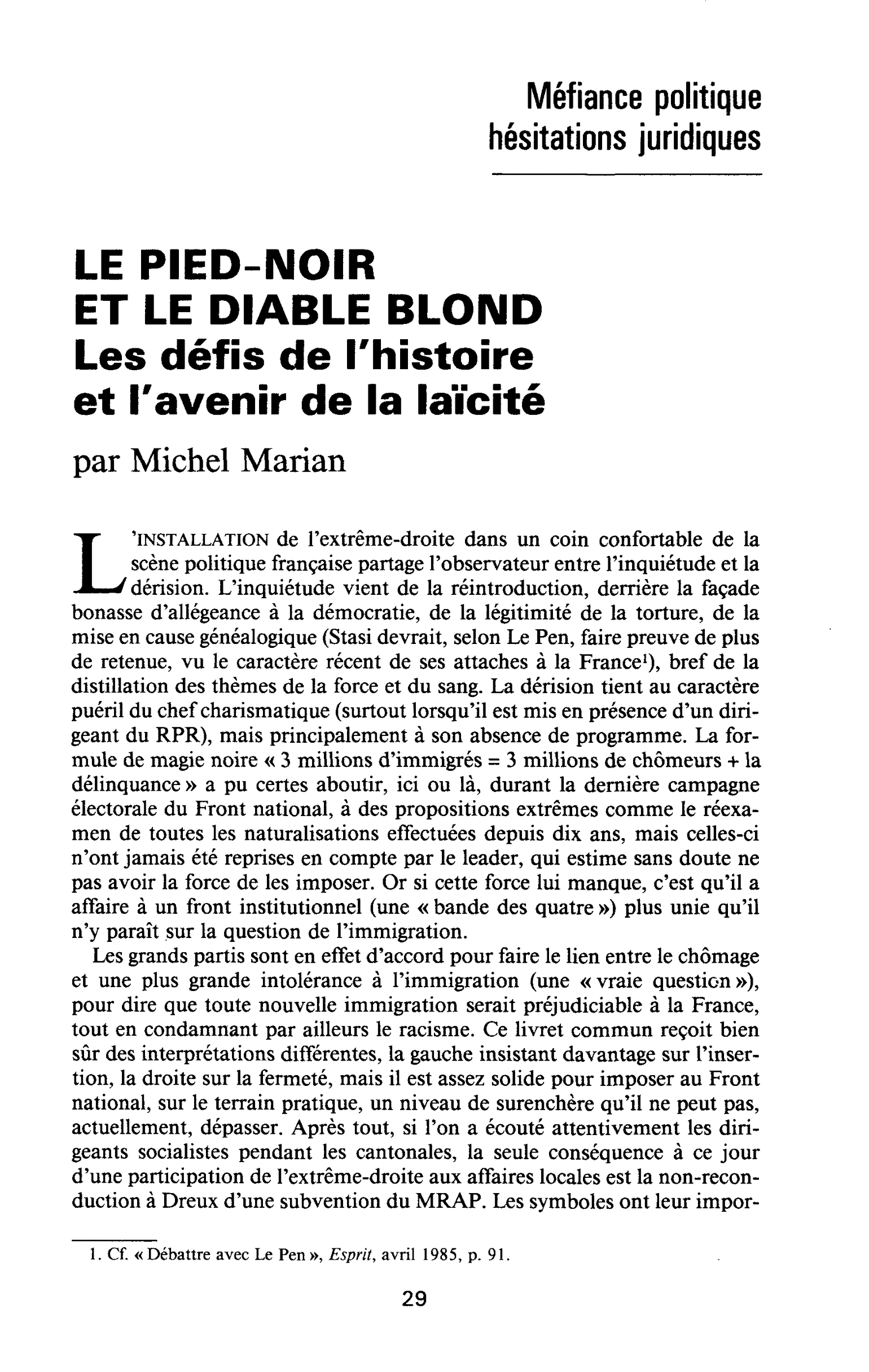 LE PIED-NOIR ET LE DIABLE BLOND. Les défis de l’histoire et l’avenir de la laïcité