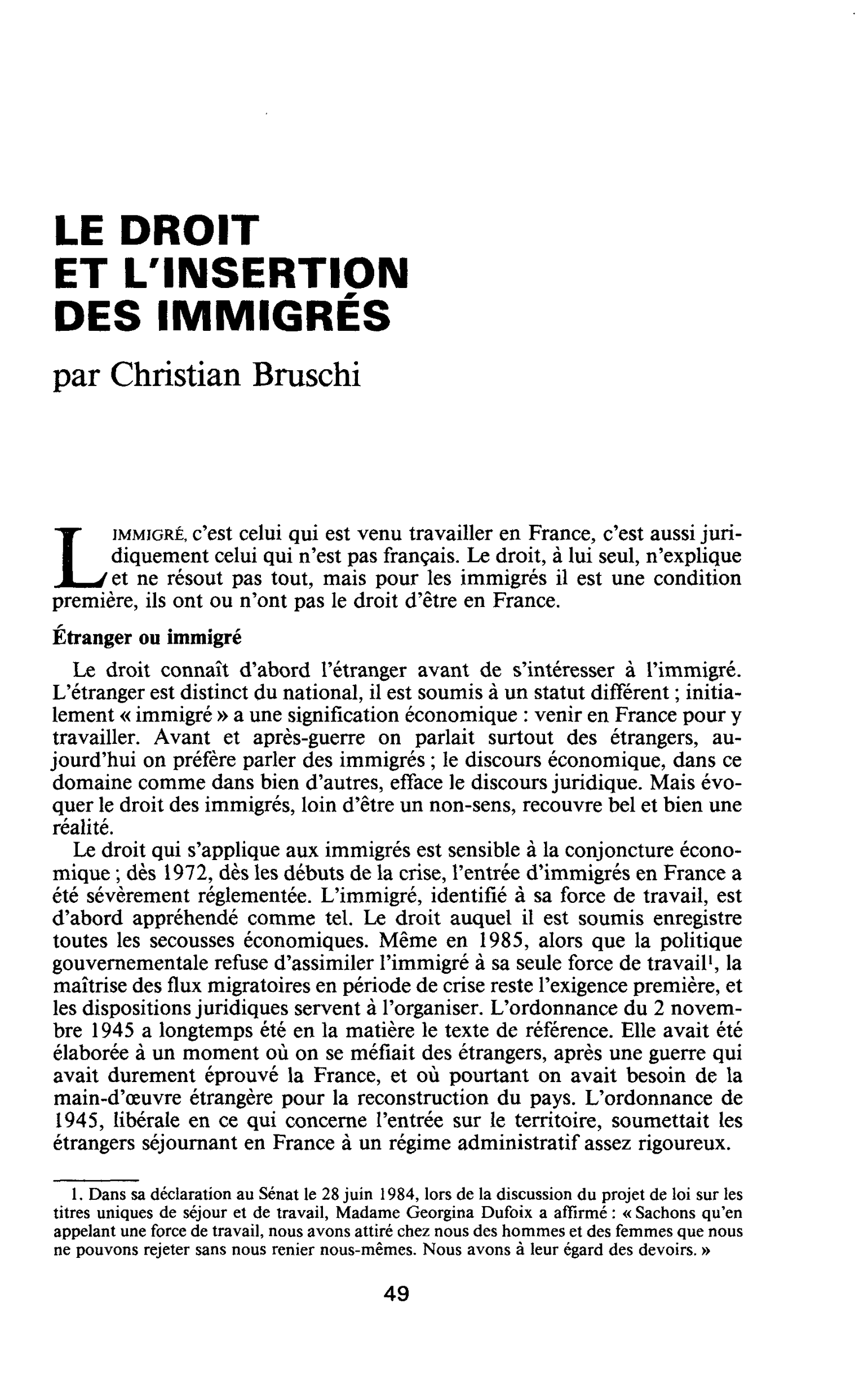 LE DROIT ET L’INSERTION DES IMMIGRÉS