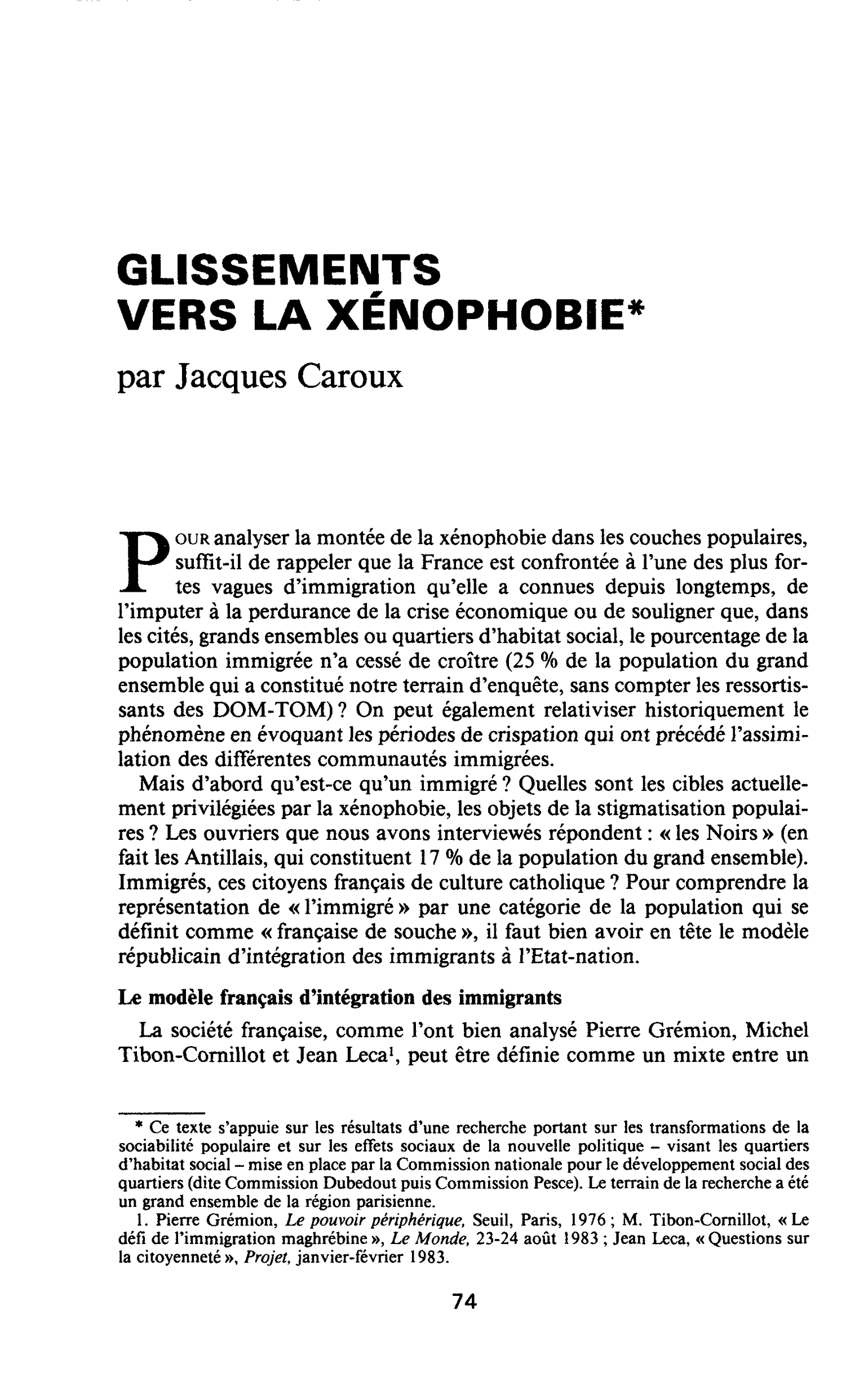 GLISSEMENTS VERS LA XÉNOPHOBIE