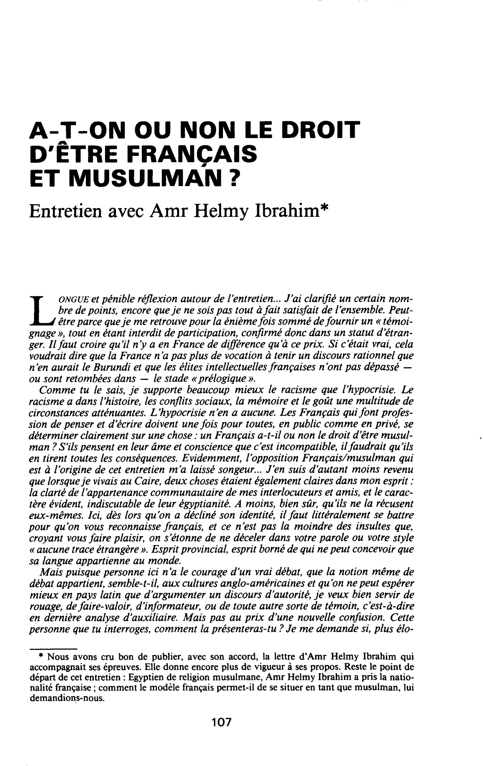 A-TON OU NON LE DROIT D’ÊTRE FRANÇAIS ET MUSULMAN ? Entretien avec Amr Helmy Ibrahim