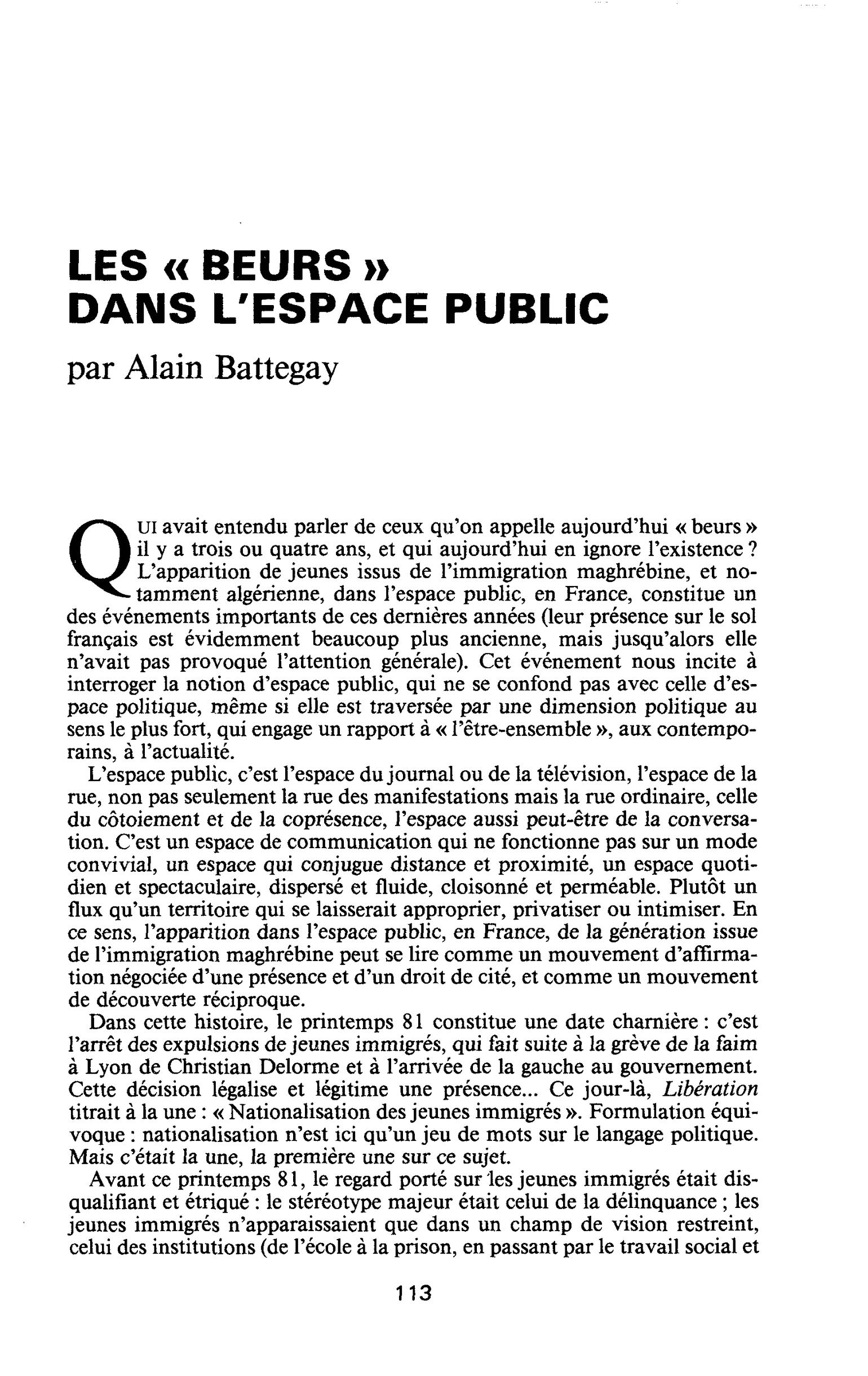LES « BEURS » DANS L’ESPACE PUBLIC