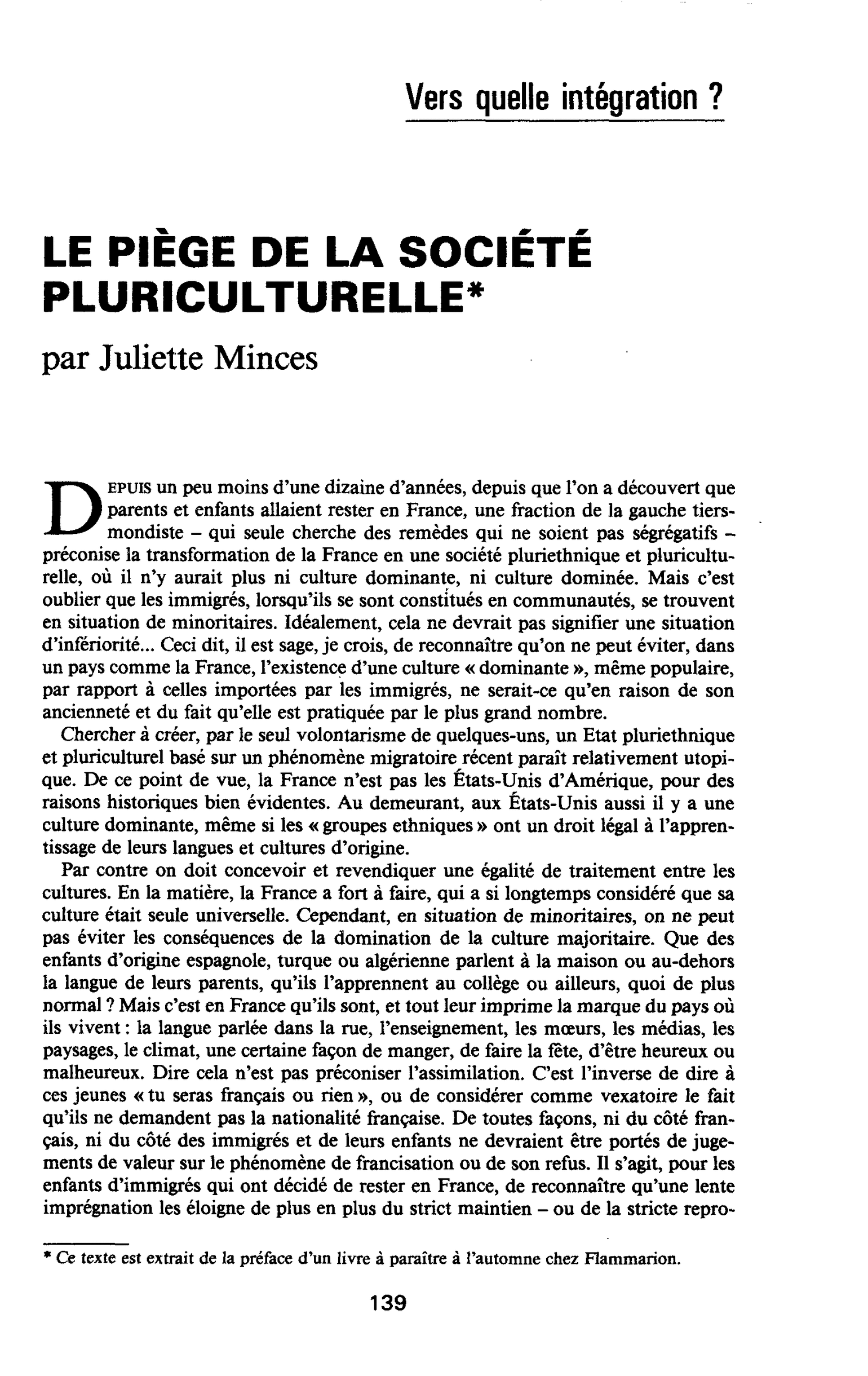 LE PIÈGE DE LA SOCIÉTÉ PLURICULTURELLE