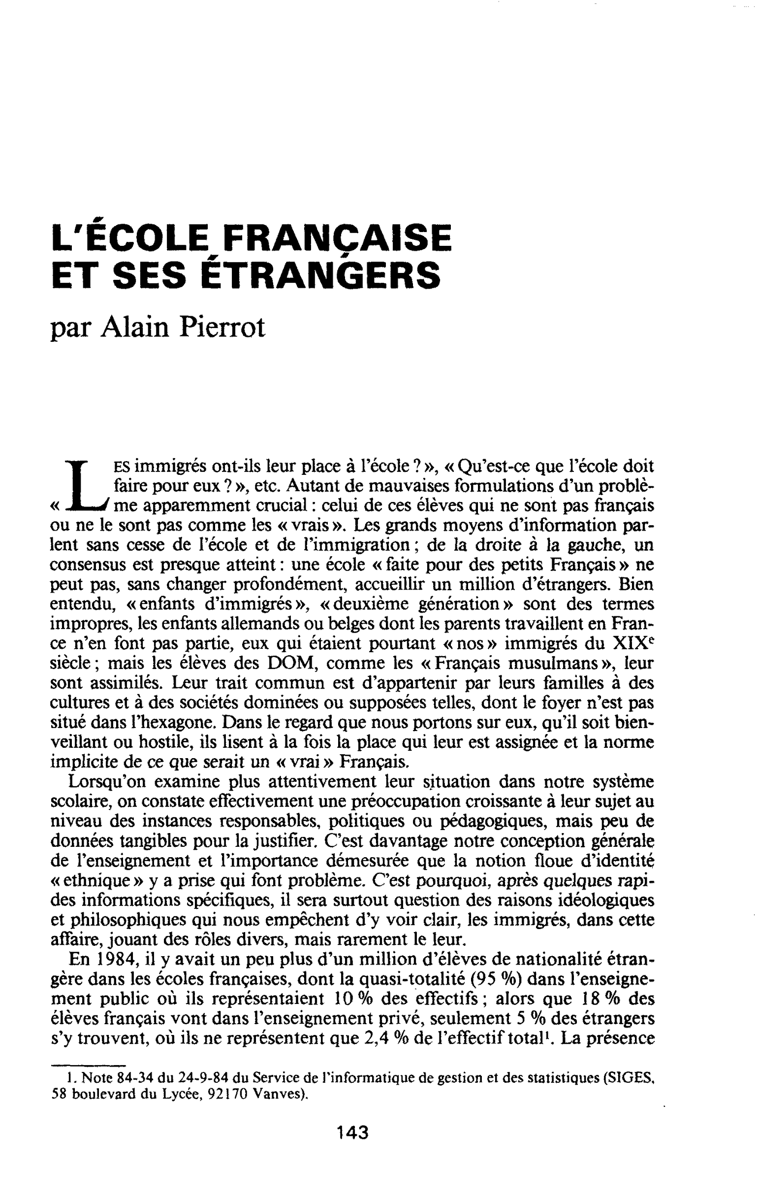 L’ECOLE FRANÇAISE ET SES ÉTRANGERS
