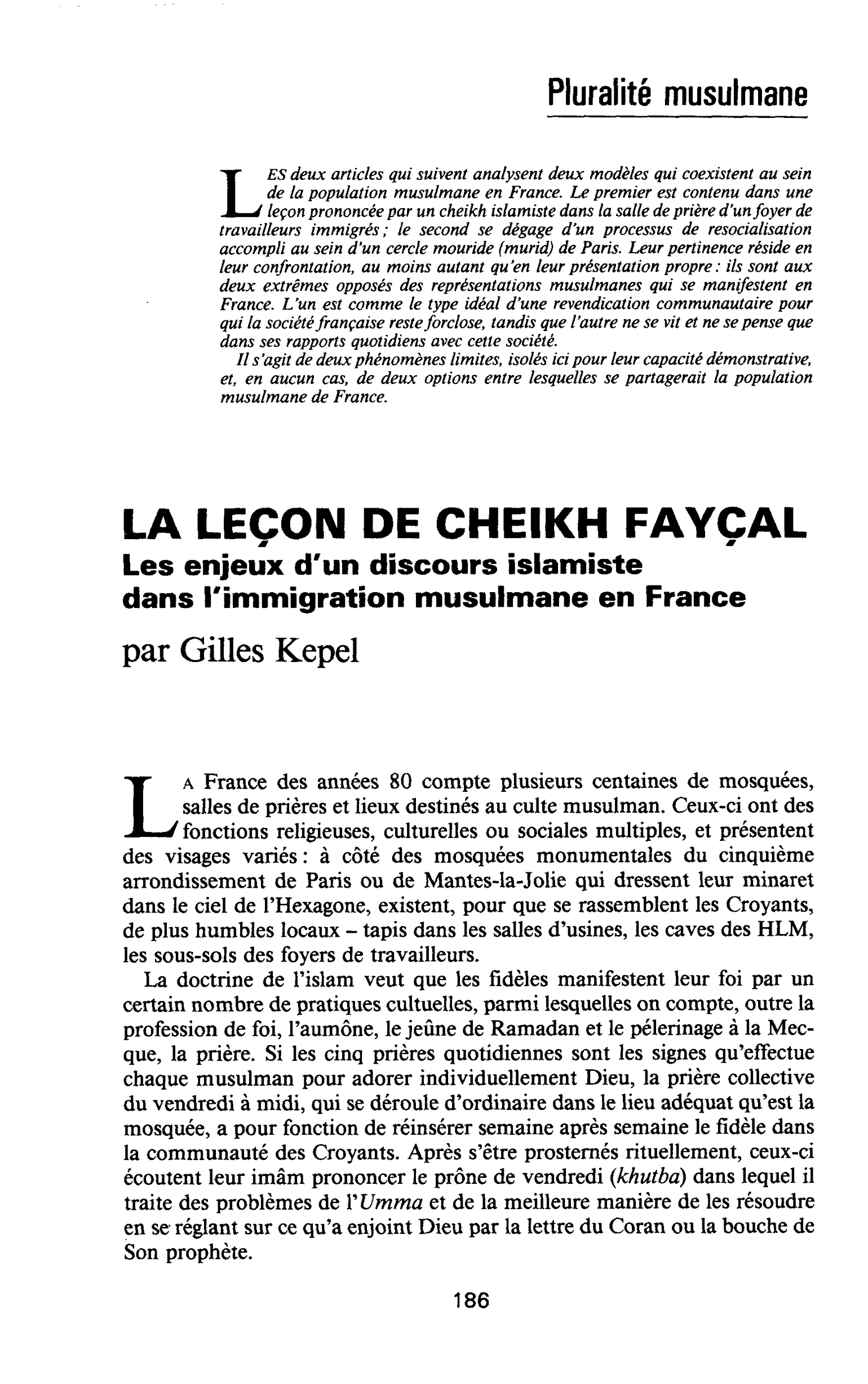 LA LEÇON DE CHEIKH FAYCAL. Les enjeux d’un discours islamiste dans l’immigration musulmane en France