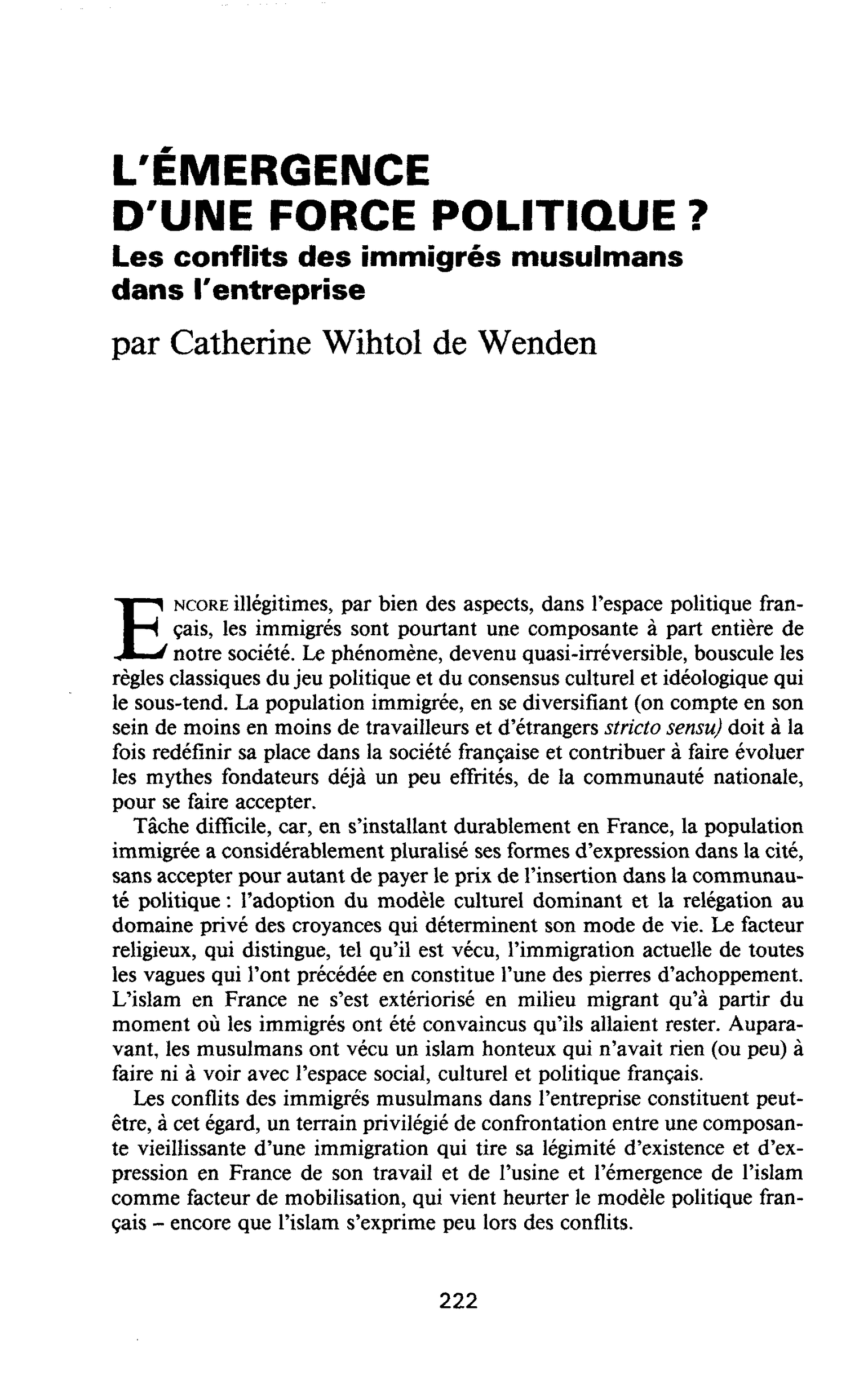 L’EMERGENCE D’UNE FORCE POLITIQUE ? Les conflits des immigrés musulmans dans l’entreprise